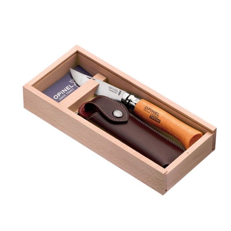 Opinel Messer Nr. 8 Kohle mit Buchengriff, Holzscheide und Box.