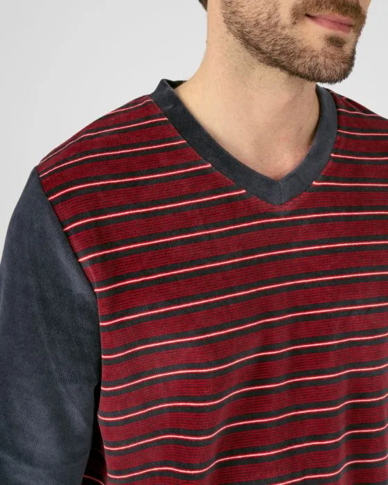 Pyjama col V rayé velours