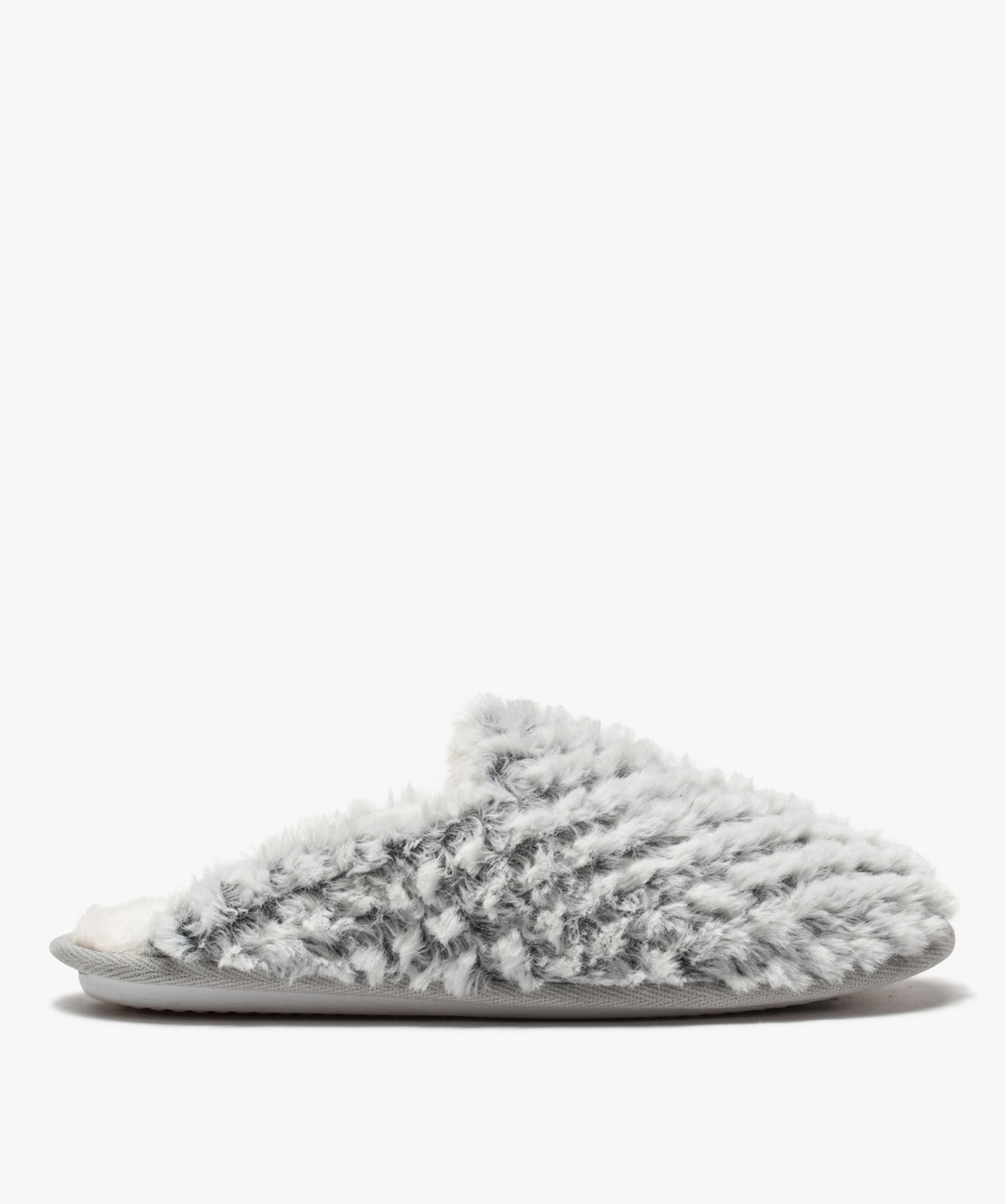 Chaussons femme mules plates en textile peluche gris | GEMO