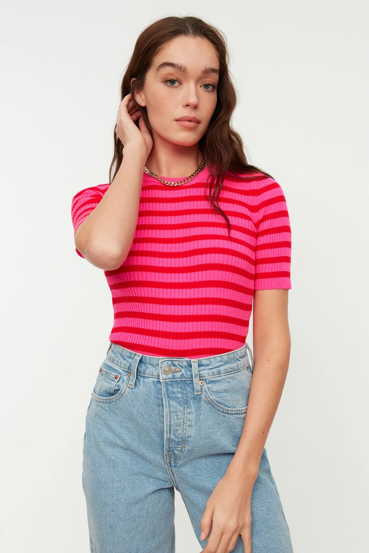 Trendyol Collection  Fuchsia Basic Gestreifter Strickpullover TWOSS20KZ0075