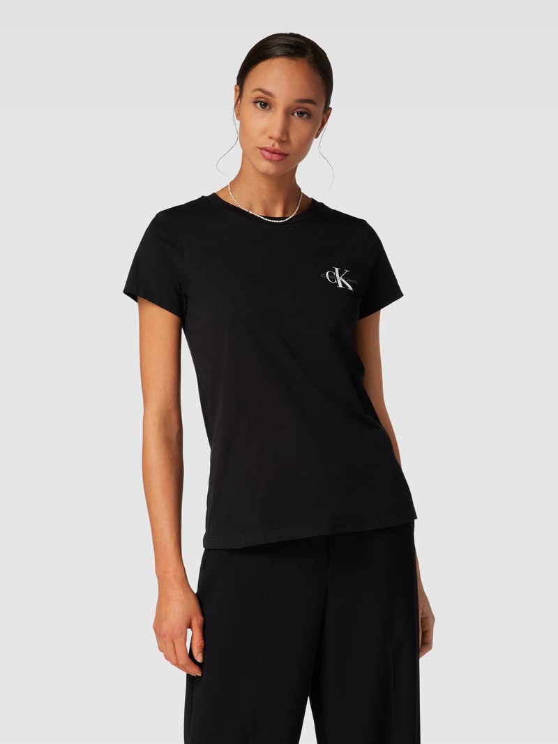 Slim Fit T-Shirt mit Label-Print im 2er-Pack in schwarz