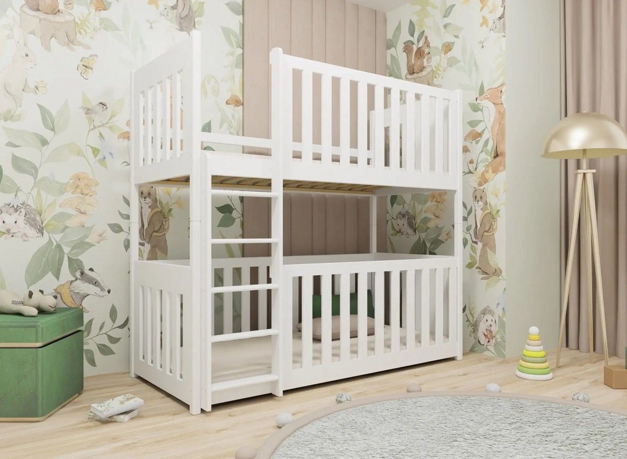 Deine Möbel 24 Etagenbett Hochbett Kinderbett CORA für 2 Kinder 90x200 GRAU WEISS (in 2 Kinderbetten umbaubar, Matratzen optional, inkl. Lattenrost), aus Massivholz Kiefernholz Vollholz, hohe Rausfallschutz