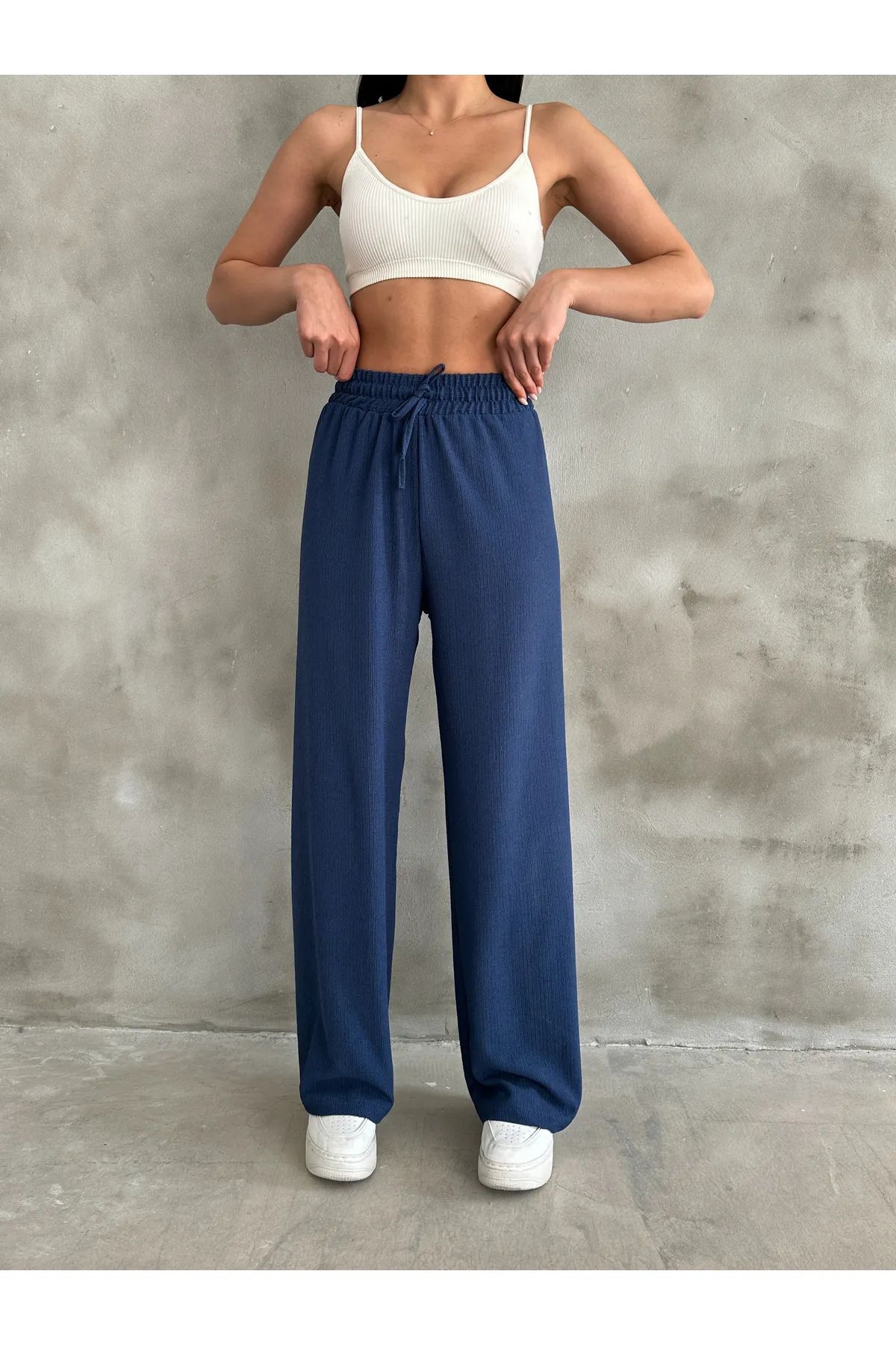 BEJNA  Marineblaue Palazzo-Hose für Damen – elastischer Bund