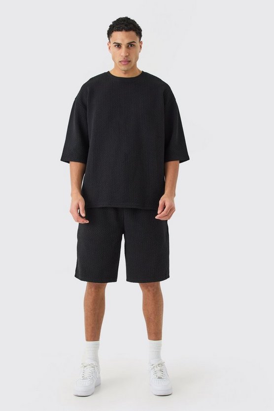 Gestepptes Oversize T-Shirt und Shorts mit Fischgräten-Print