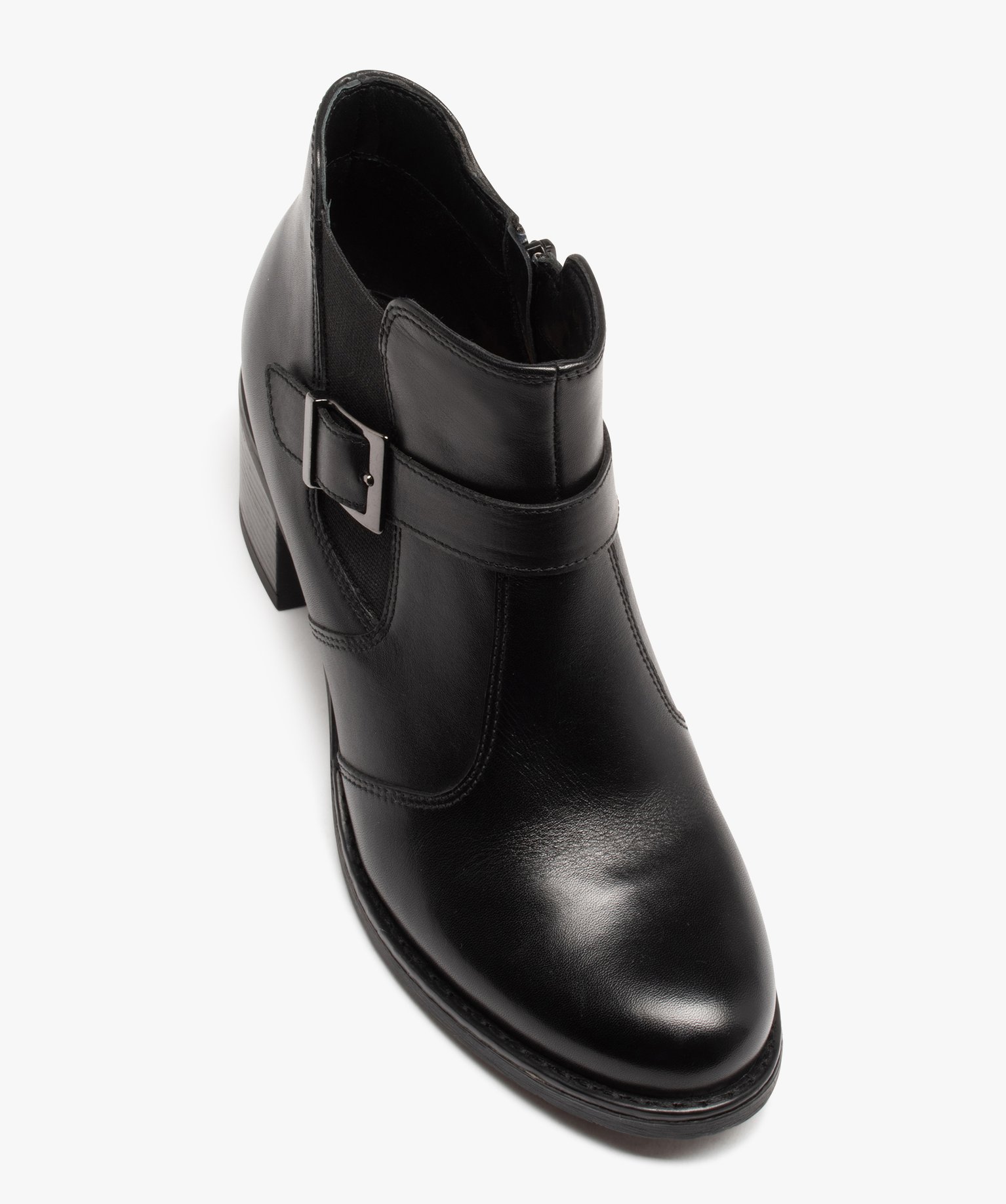 Boots femme dessus en cuir uni à talon carré noir | GEMO