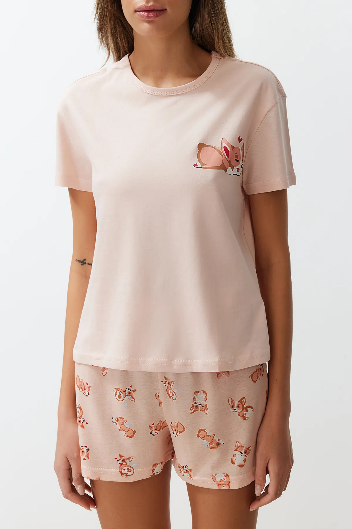 Trendyol Collection  Lachs-mehrfarbiges Pyjama-Set aus 100 % Baumwolle mit Tiermuster THMSS24PT00198