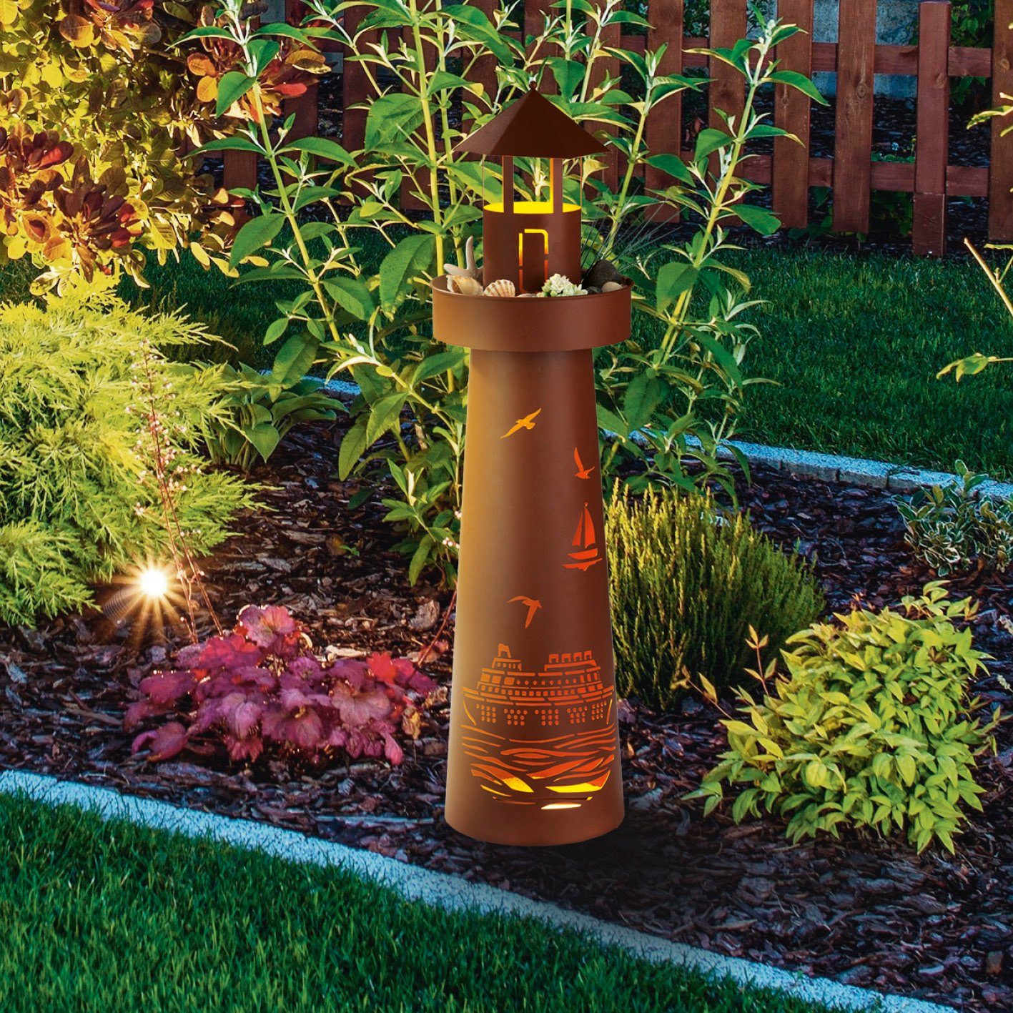 Hoberg Dekosäule LED Deko-Leuchtturm in Rost-Optik - 80cm, XL Garten Deko Säule Außen Beleuchtung Pflanzschale Pflanzsäule