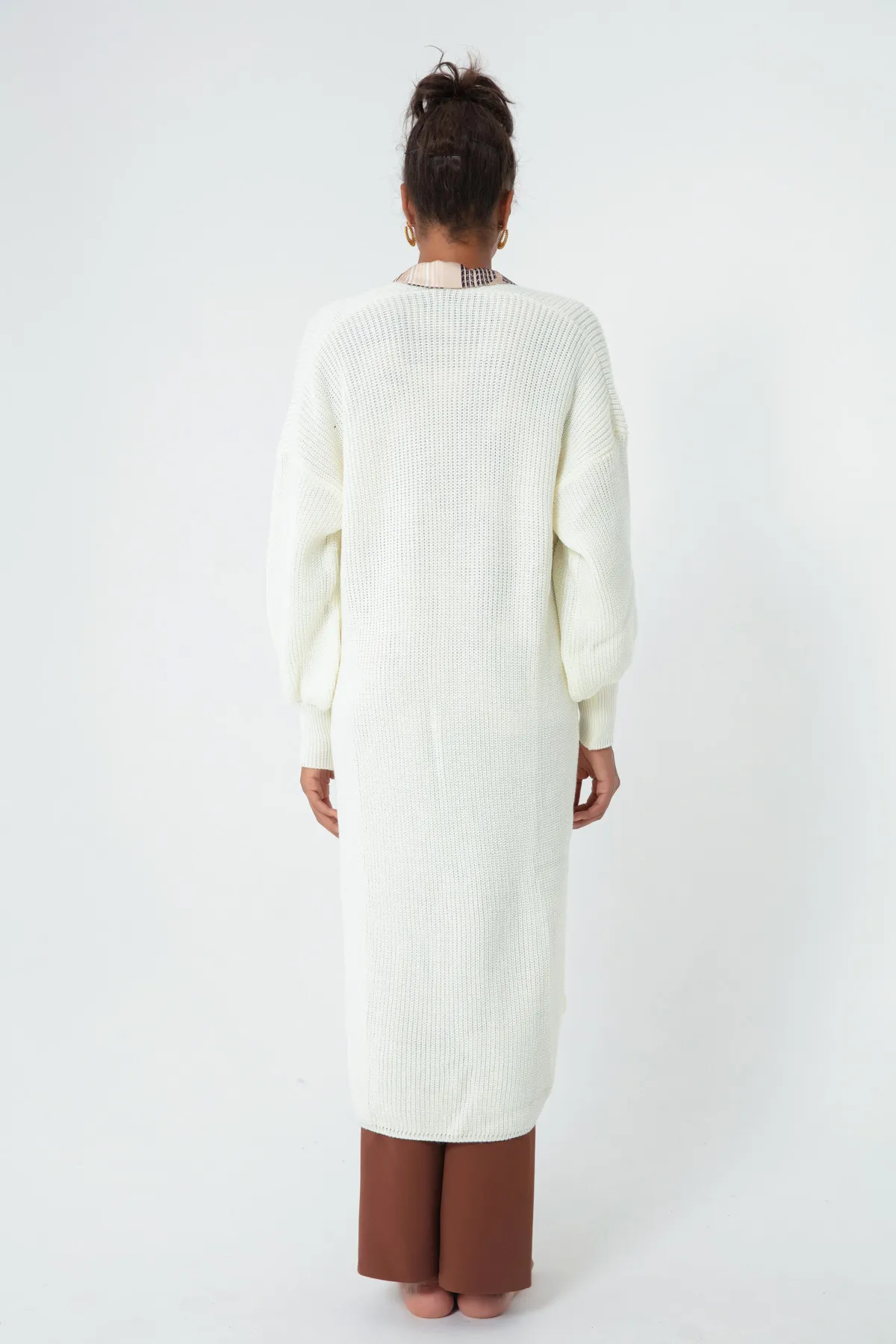 Lafaba  Weißer langer Cardigan für Damen mit Ballonärmeln