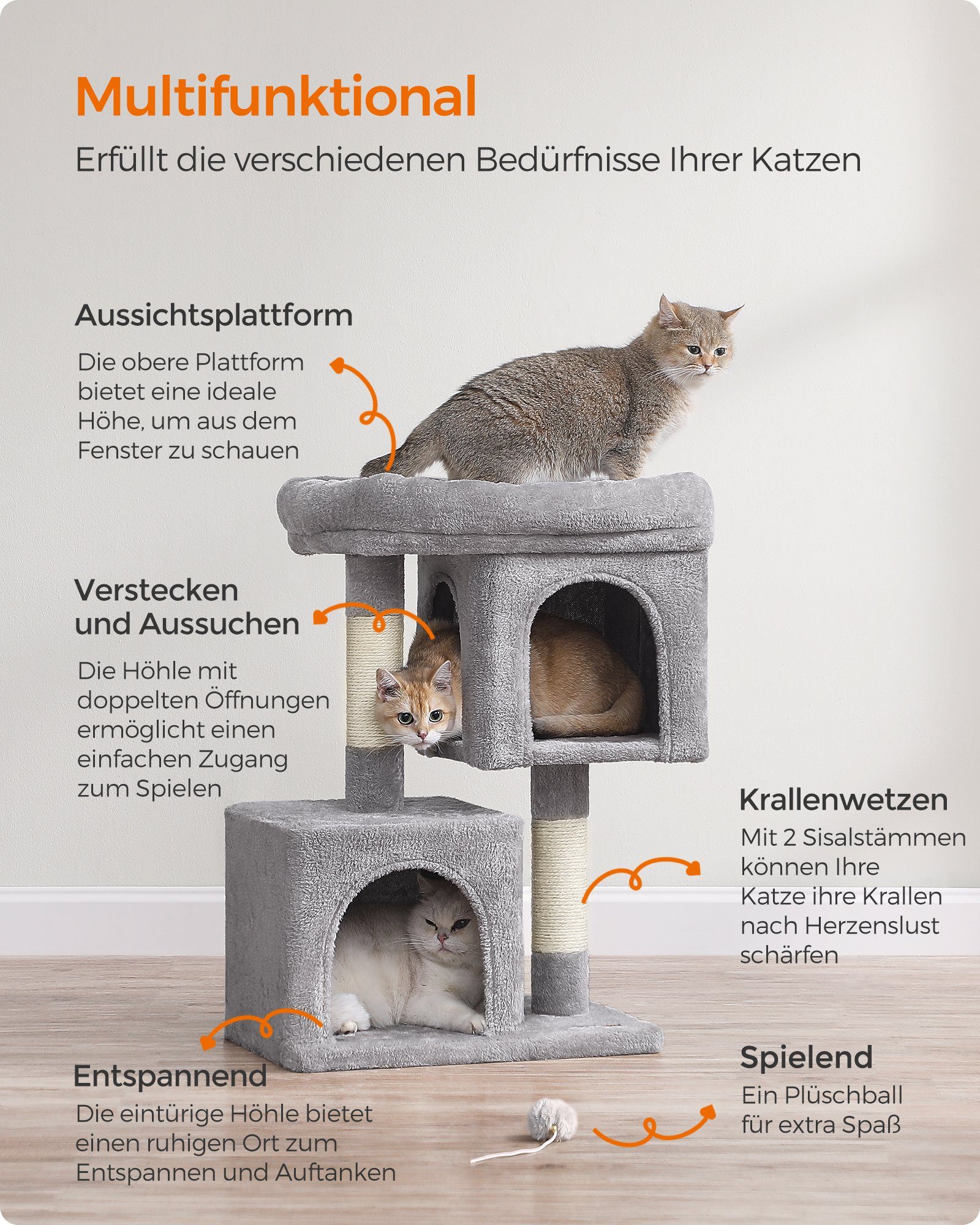 FEANDREA Kratzbaum, M/L Katzenbaum, mit 2 Häuschen, Sisalstämme, kompakt