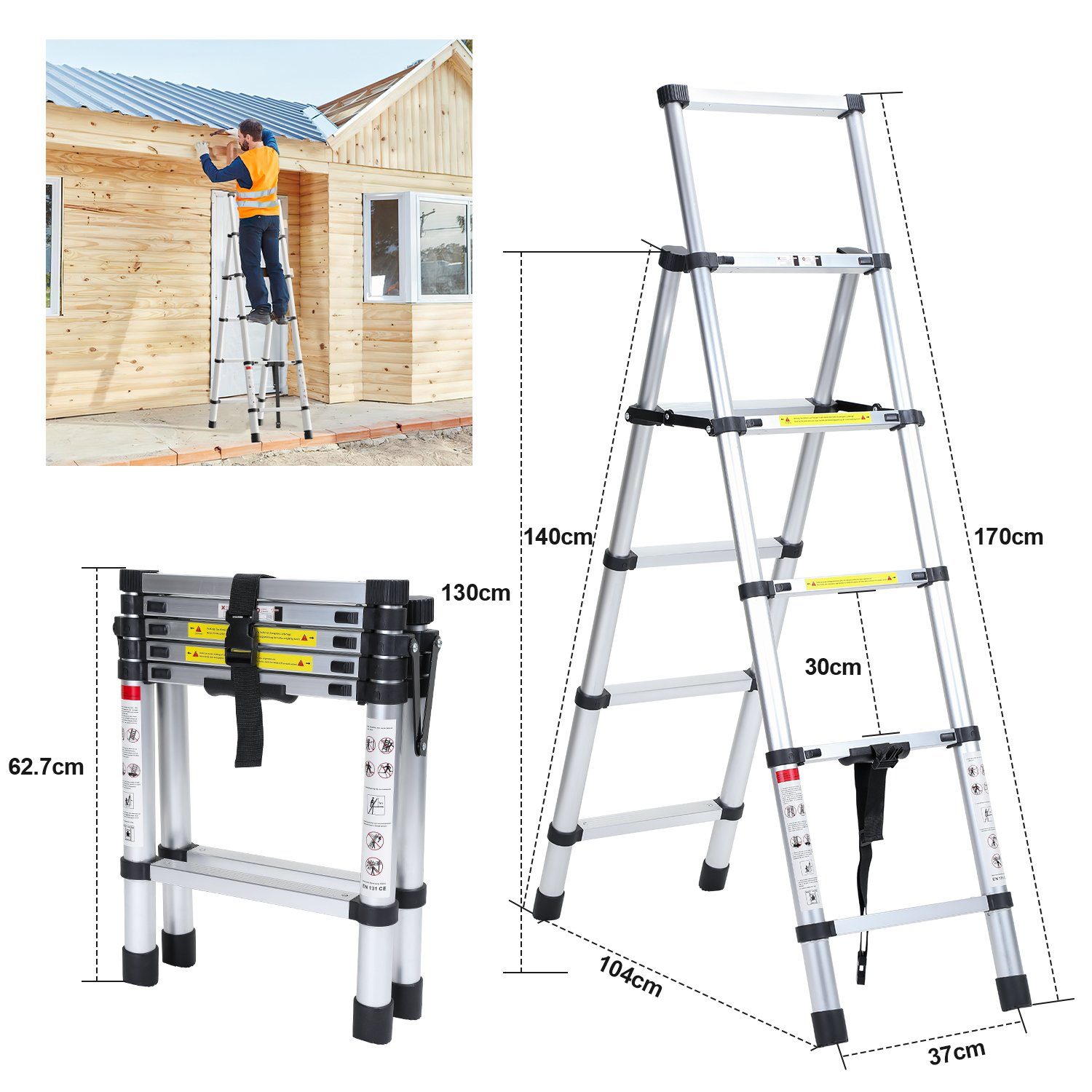 Lospitch Teleskopleiter Teleskopleiter Teleskopleiter Alu 2.6m-5m Ausziehleiter mit haken