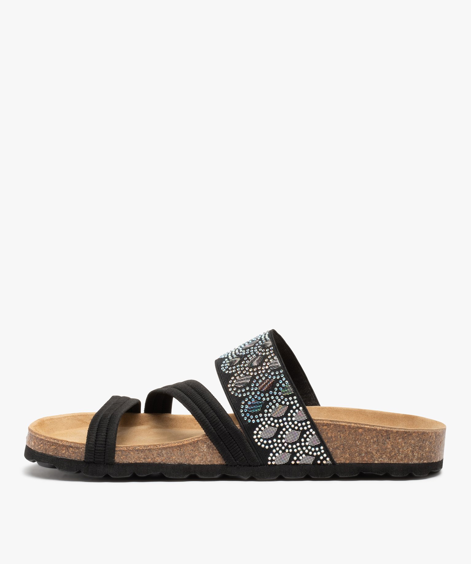 Mules femme à talon plat avec brides élastiques fantaisie noir | GEMO