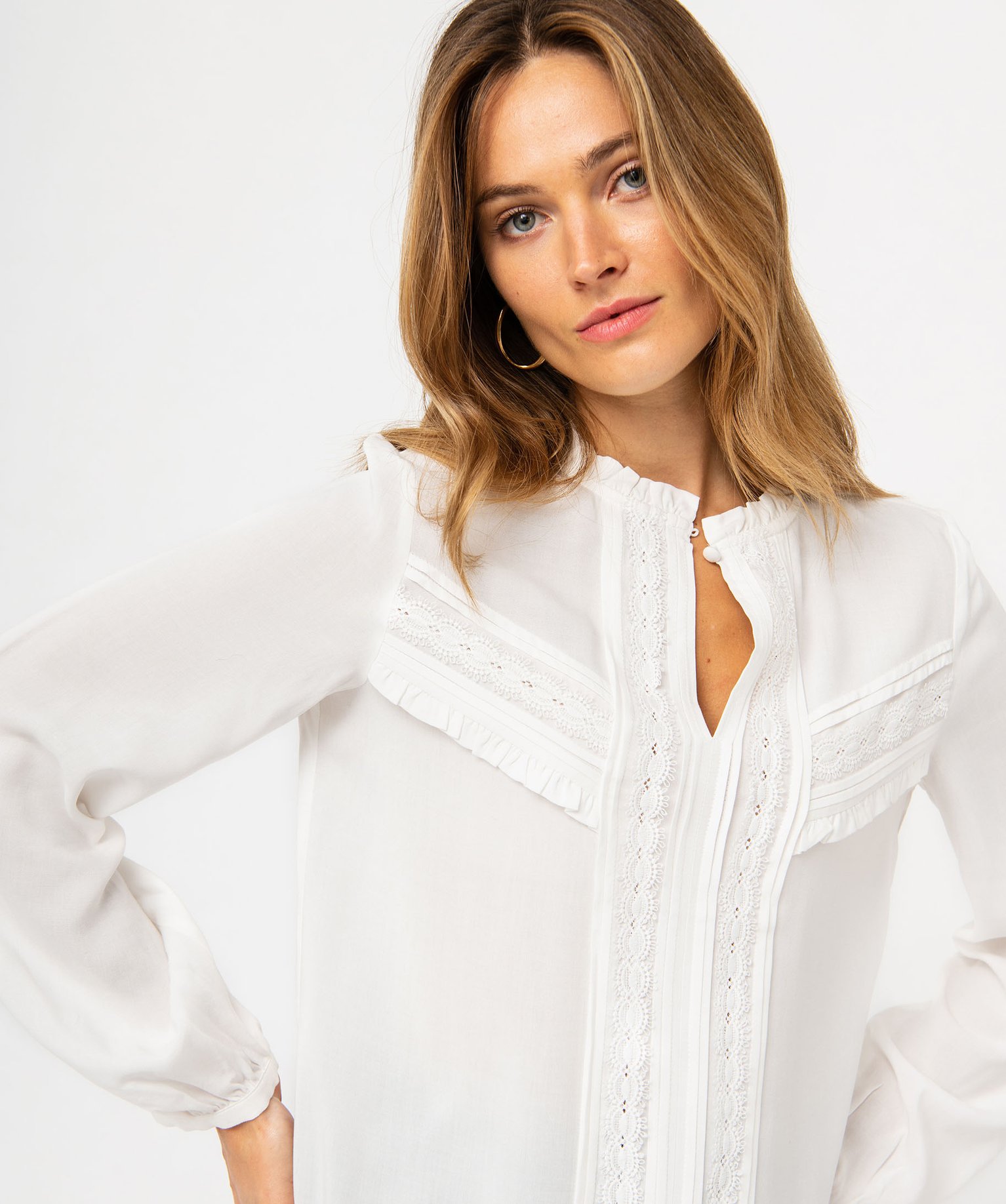 Blouse femme à manches longues avec empiècements dentelle ecru | GEMO