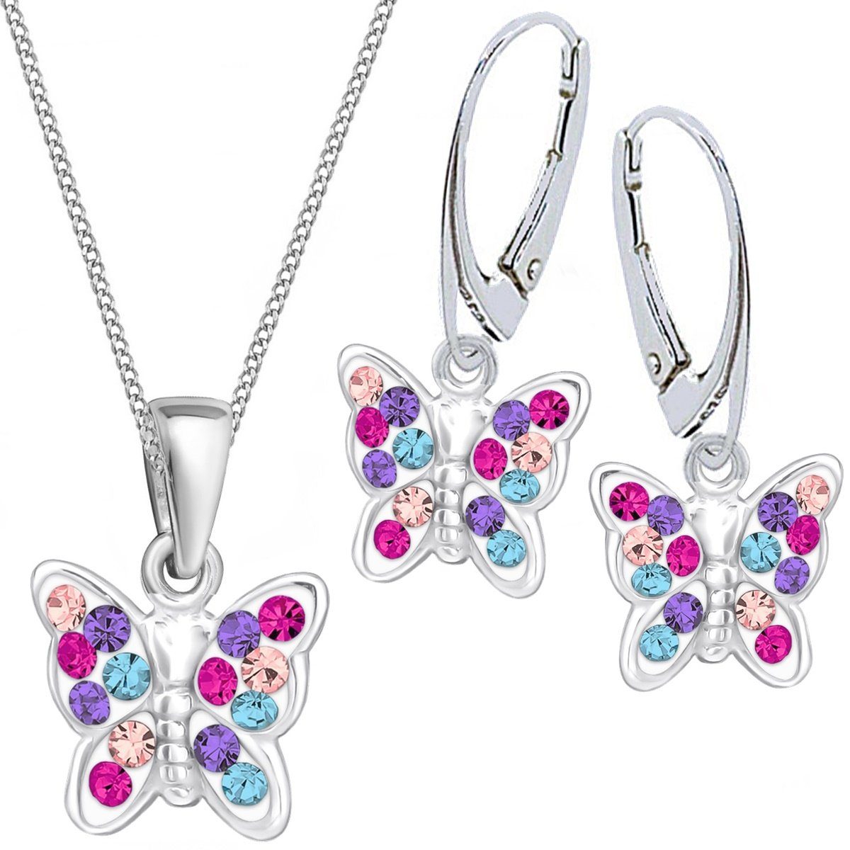 Goldene Hufeisen Schmuckset Kristall Schmetterling Ohrringe Anhänger Kette 925 Silber Set (4-tlg, inkl. Geschenk-Etui), Geschenkset