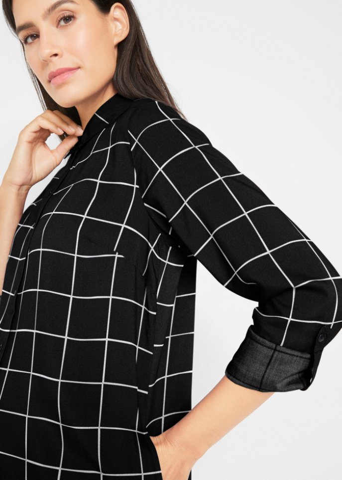 Karierte Longbluse mit Taschen