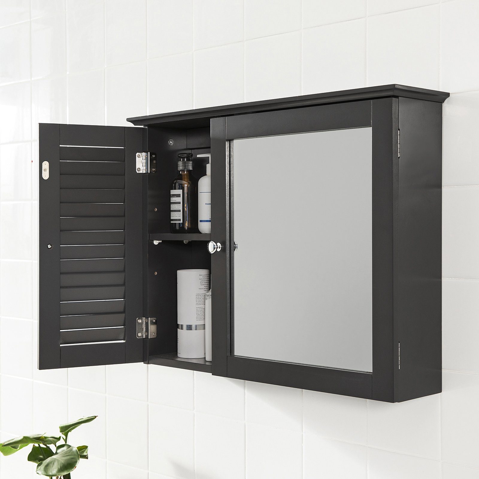 SoBuy Badezimmerspiegelschrank BZR55 mit Lamellentür Hängeschrank mit Spiegeltür Wandschrank Badschrank