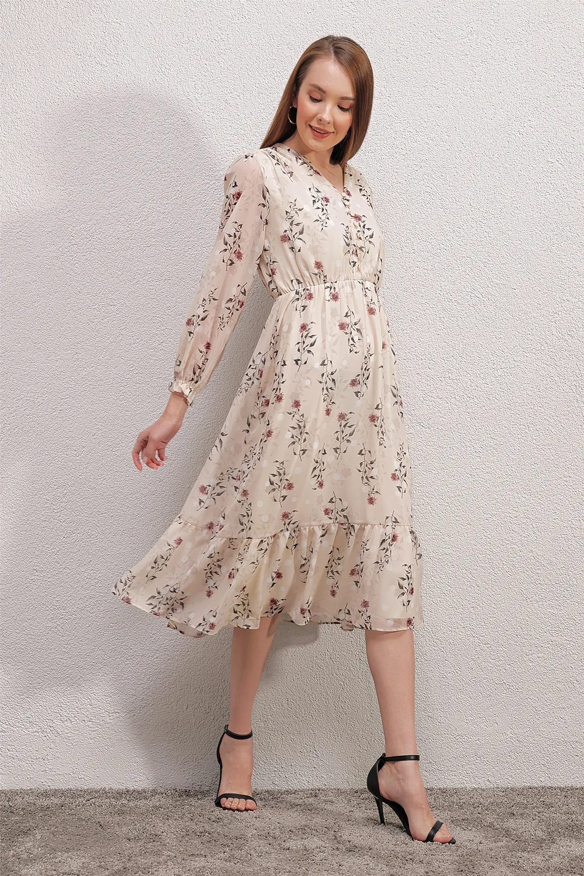 Bigdart  2137 Gemustertes Chiffonkleid – Creme