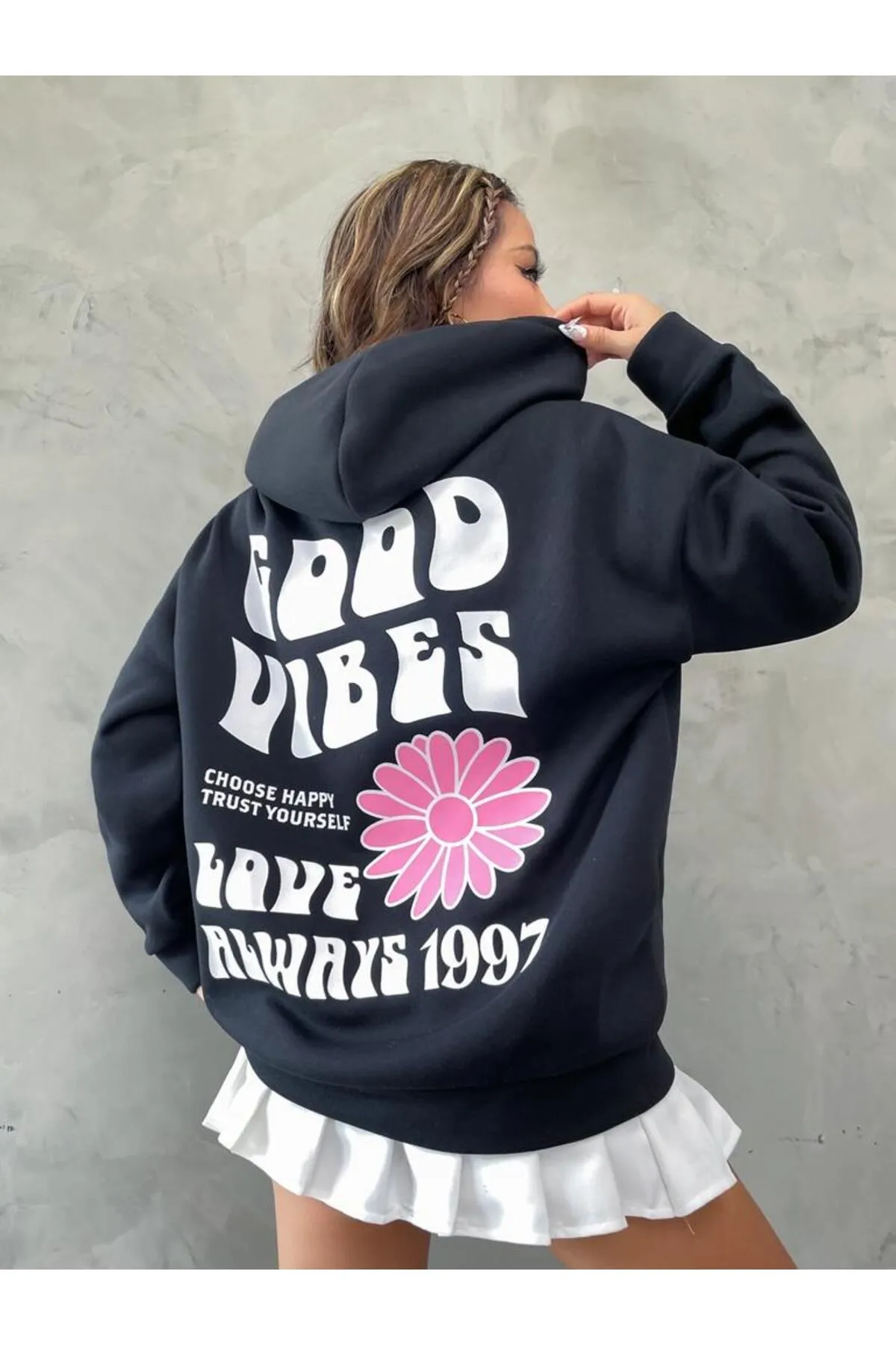 Know  Schwarzes Good Vibes 1997 bedrucktes Kapuzensweatshirt für Damen