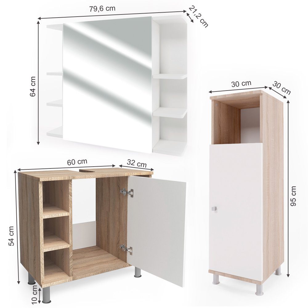 Vicco Badmöbel-Set Badezimmerset FYNN Sonoma Set 2, (3-er Set, 3-St., 3-er Set)