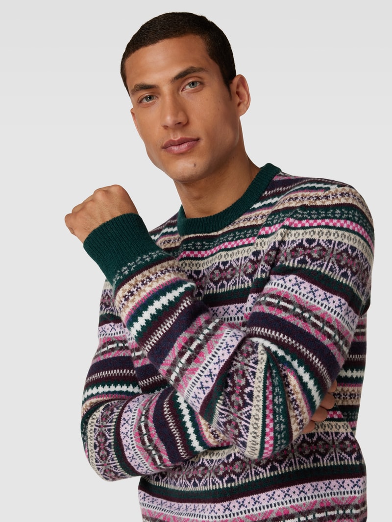 Strickpullover aus Lammwolle mit Allover-Muster in dunkelgrün