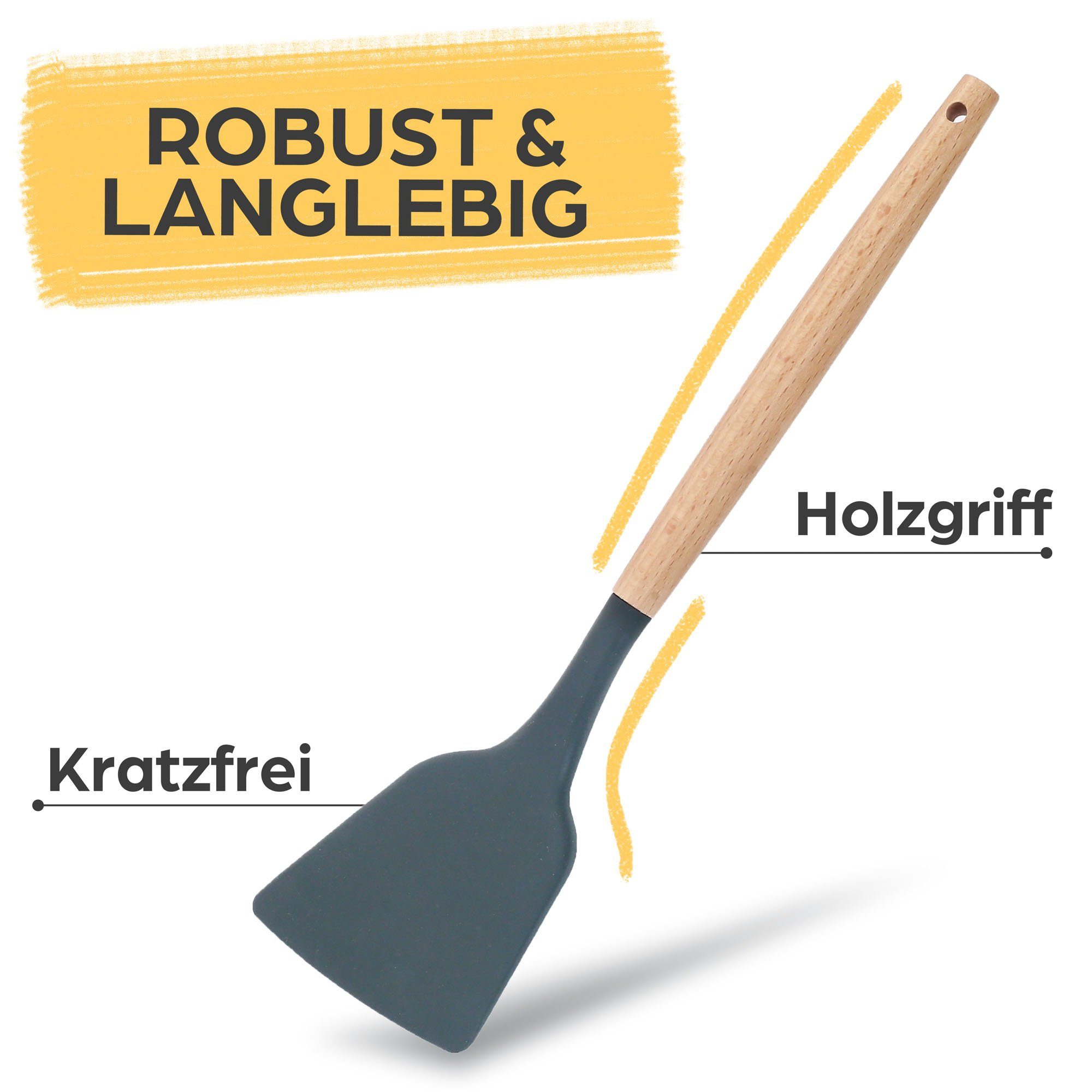 Praknu Kochbesteck-Set - 8 Silikon Küchenhelfer, Holzgriff Kochgeschirr Küchenutensilien (Set, 8-tlg), Küchen Accessoires Zubehör Haushalt Set & Halterung / Aufhängeschlaufe