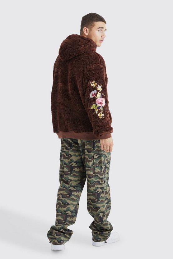 Oversize Borg-Hoodie mit Blumen-Stickerei