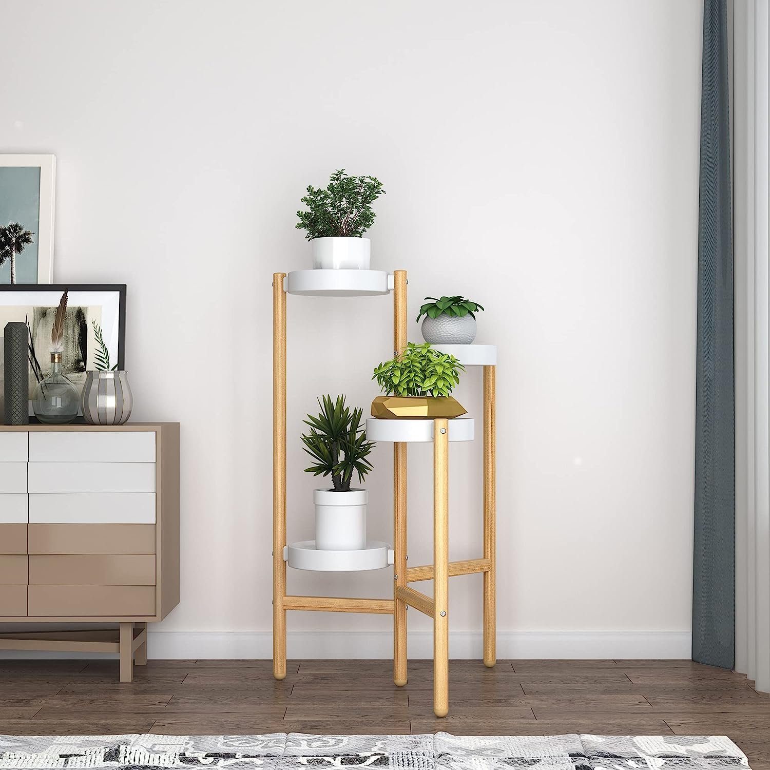 Kpaloft Blumenständer Holz 4 Ebenen Pflanzenregal rund, 78cm Höhe, 18 cm breite PP-Schale, Blumenhocker für den Garten, Wohnzimmer, Schlafzimmer, Terrasse