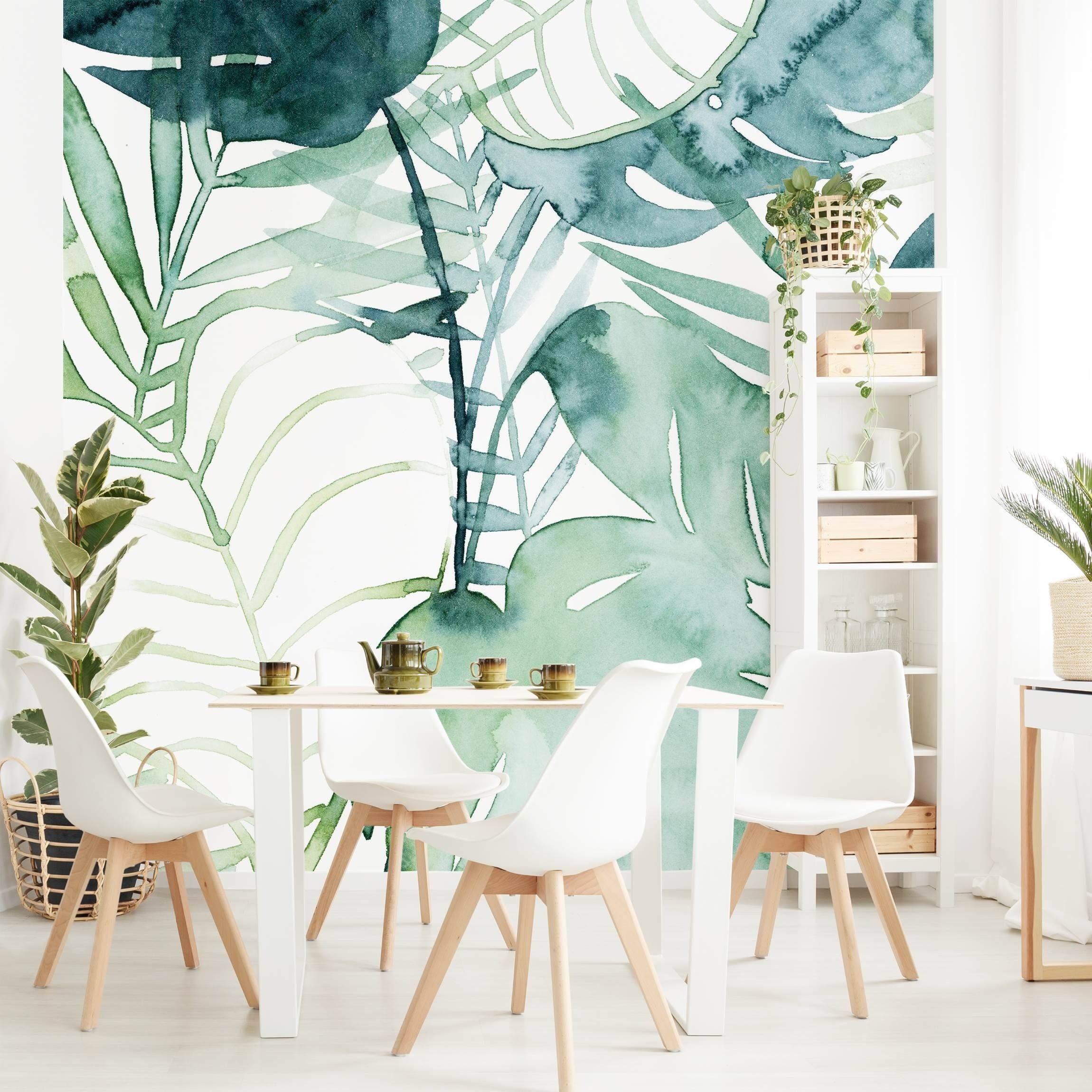 Bilderdepot24 Mustertapete Muster Palmwedel Wasserfarbe Aquarell Pastell Grün Tropical Natur, Glatt, Matt, (Inklusive Gratis-Kleister oder selbstklebend), Wohnzimmer Schlafzimmer Küche Flur gemusterte Vliestapete Wandtapete