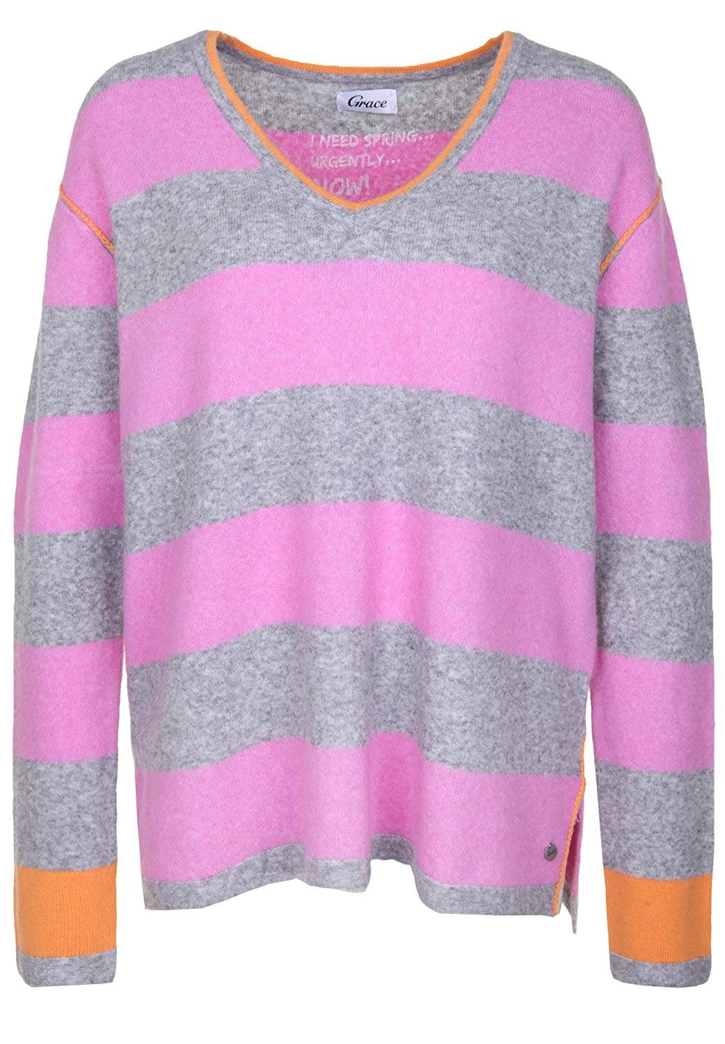 Grace Fashion Wollpullover Blockstreifen Rose Pink Coole Seitenschlitze am Saum