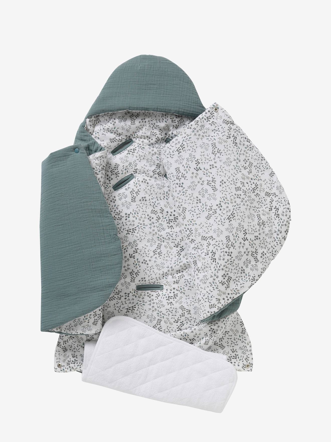 Vertbaudet 2-in-1 Baby Ausfahrsack/Wickelunterlage, Musselin, personalisierbar - aqua