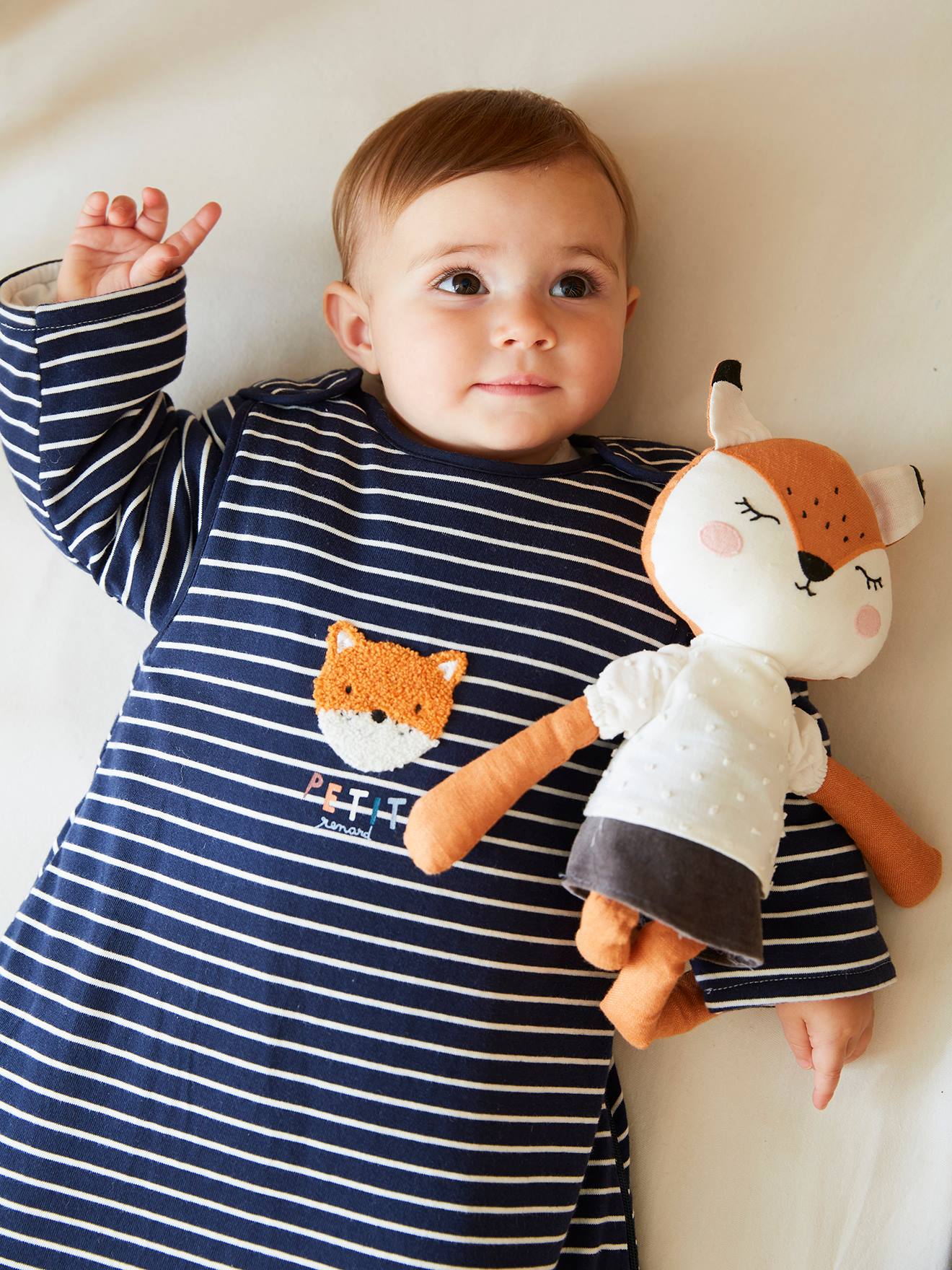Vertbaudet Baby Winterschlafsack mit Bär oder Fuchs Oeko Tex - nachtblau gestreift/kleiner fu
