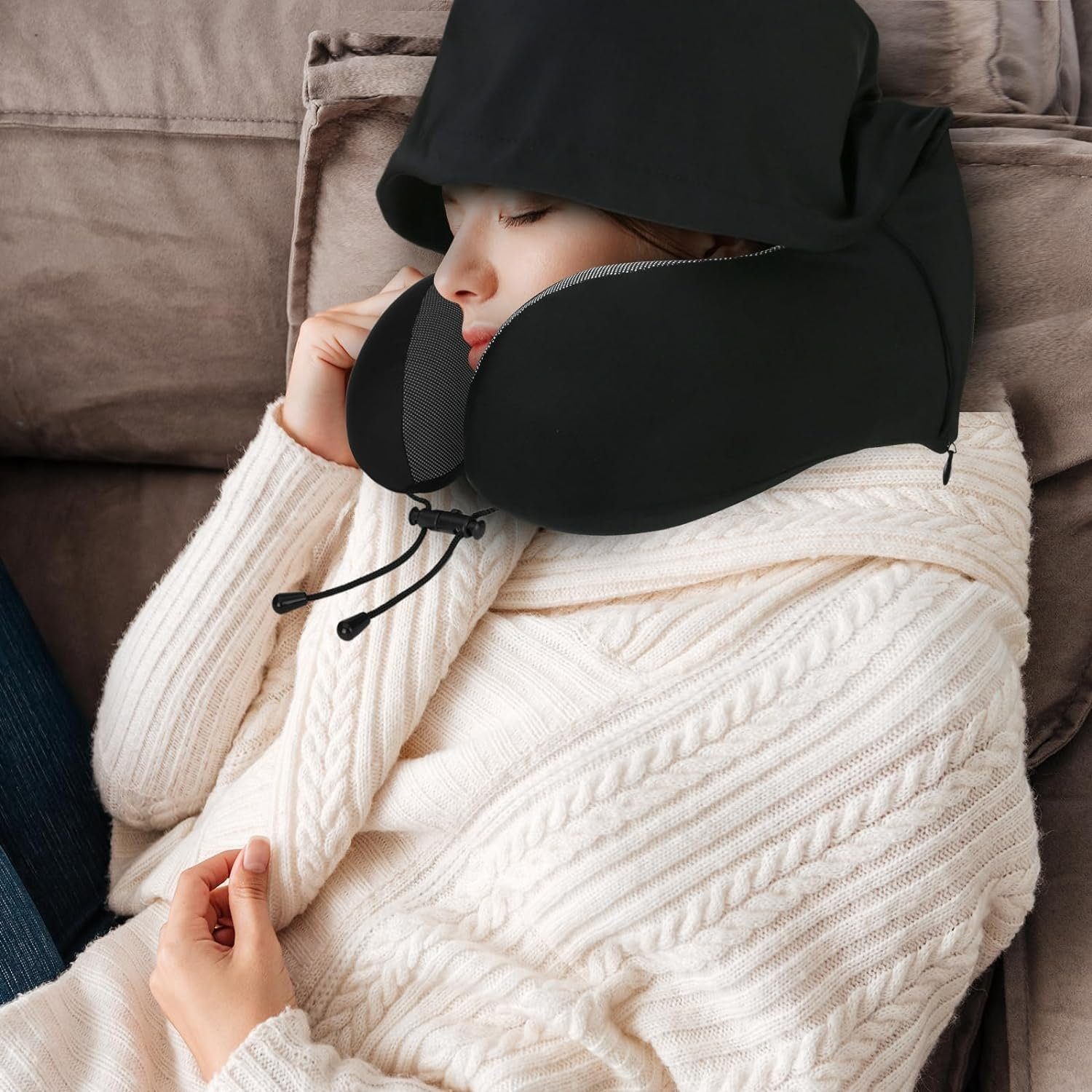 Directin Nackenkissen Memory Foam, Reisekissen mit Haube, Bequemes Nackenhörnchen mit Haube, Set, für Flugzeug, Auto, Zug, Büro, Nackenkissen Reise zum Schlafen