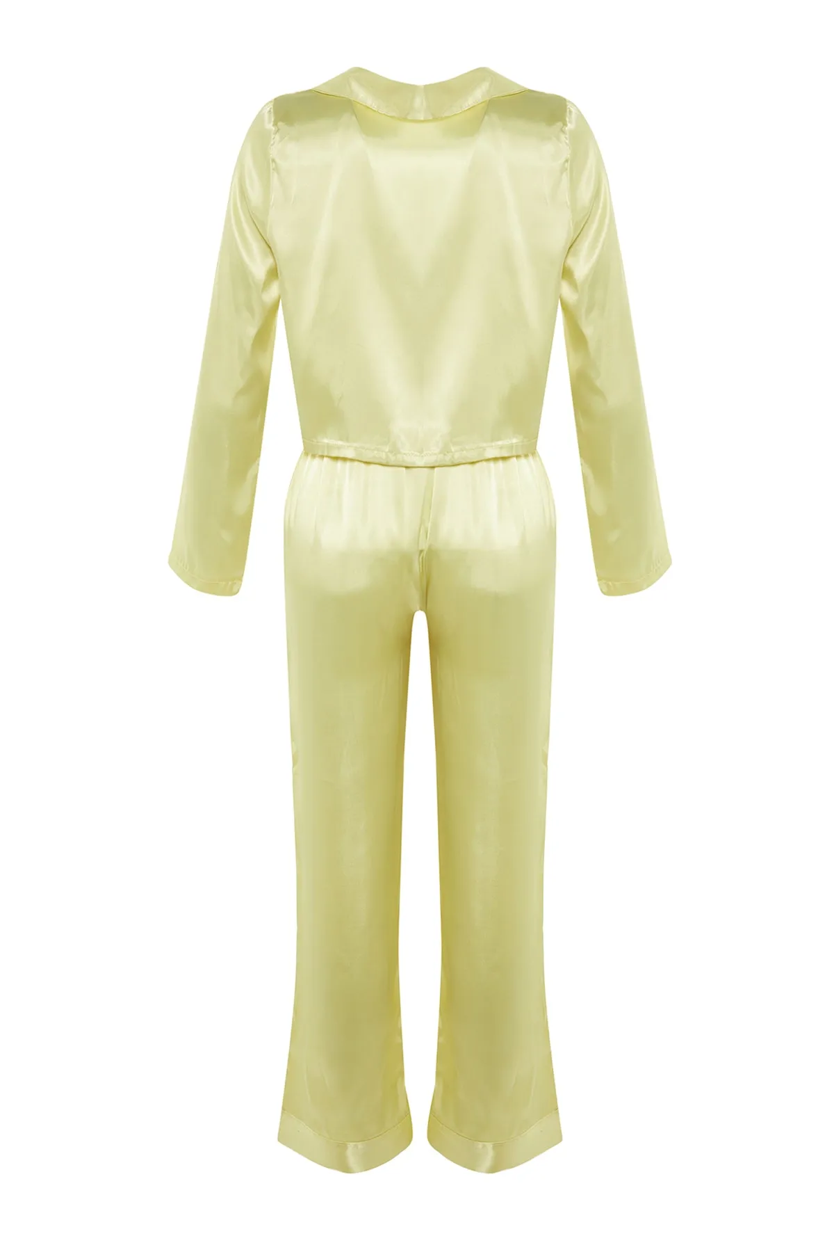 Trendyol Collection  Gelbes Pyjama-Set aus Satin mit bauchfreiem Hemdkragen und Webkragen THMAW23PT00076