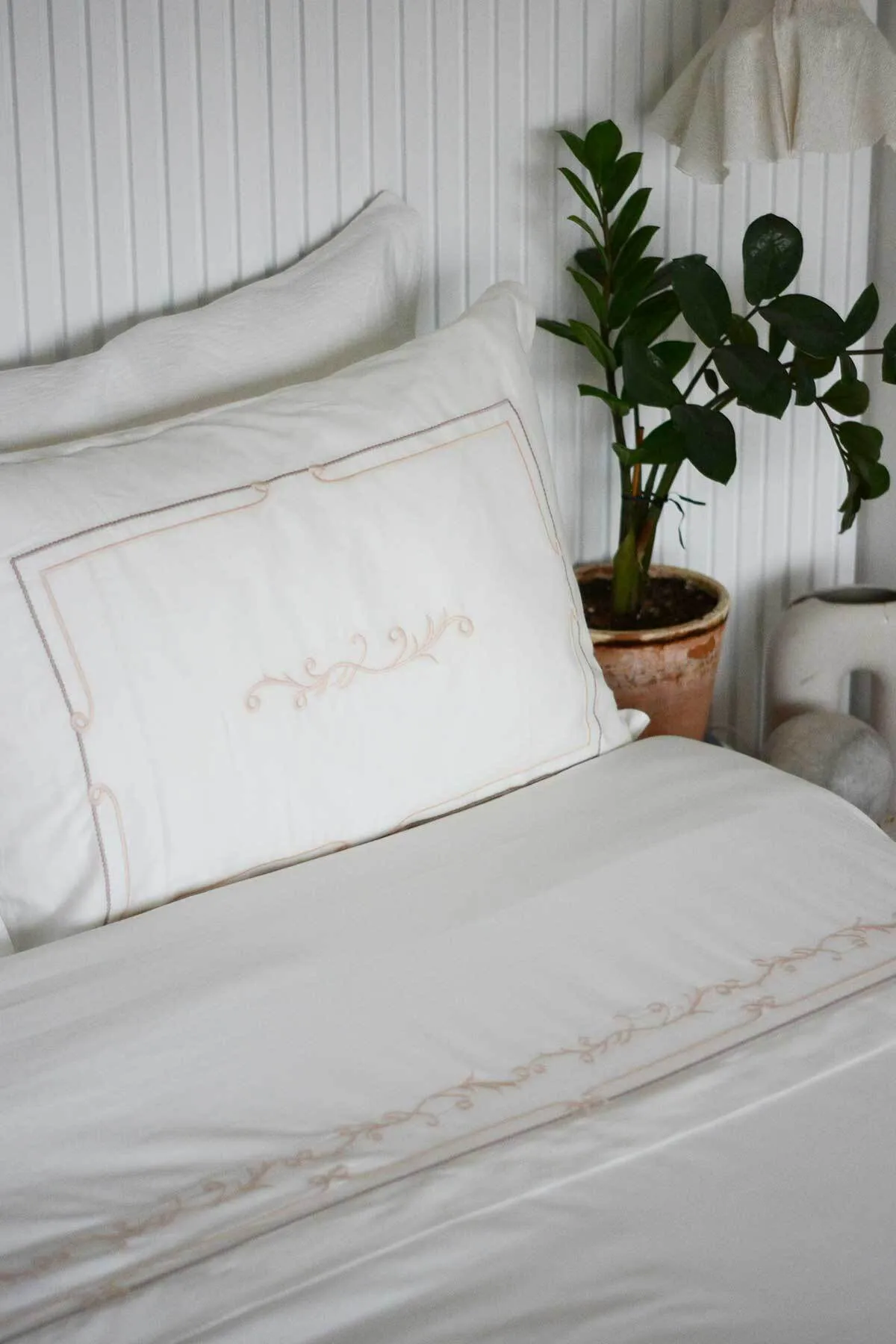 Elart  Bettbezug-Set für Doppelbett, King-Size-Bett, Baumwollsatin, bestickt, 3-teilig, Pera Ecru