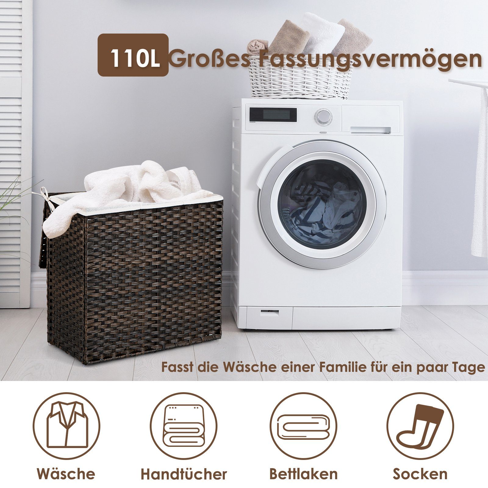 COSTWAY Wäschebox, mit Deckel, 3 Fächern, 110L, klappbar, Rattan
