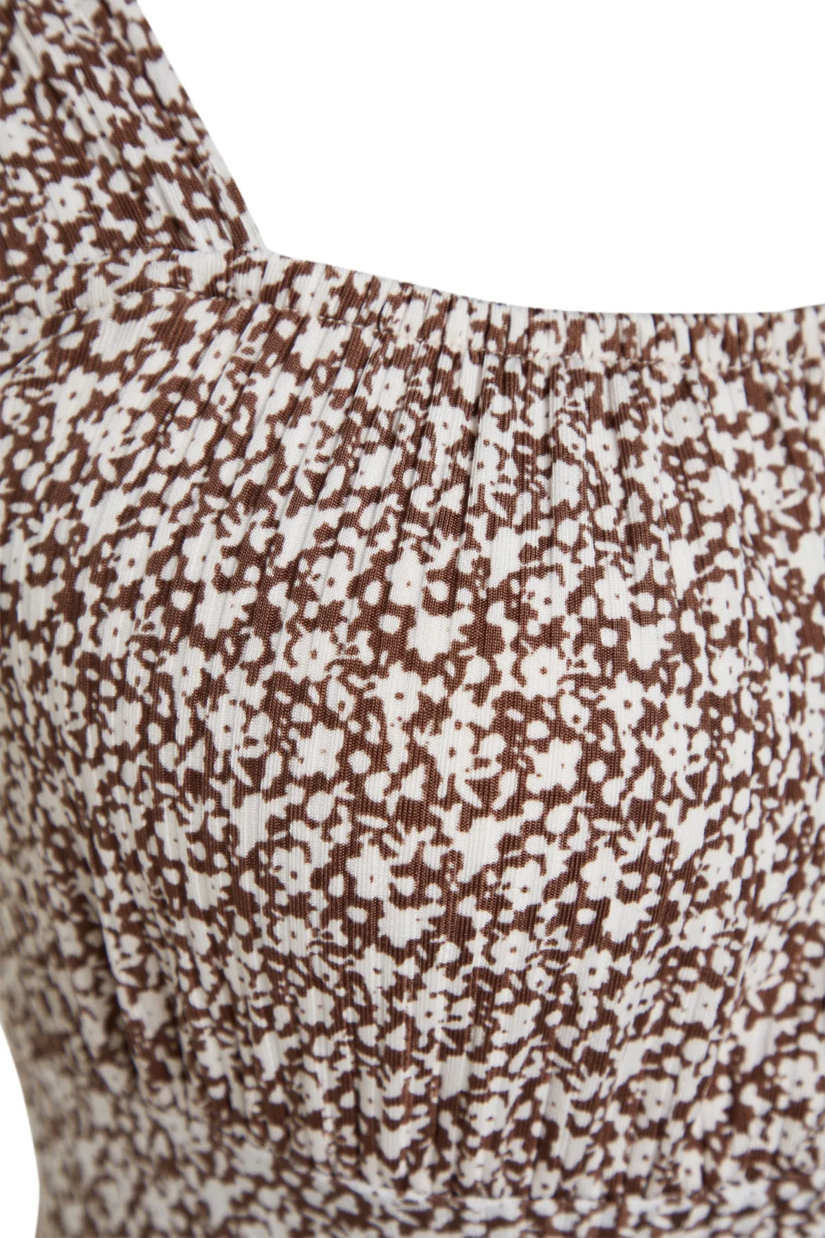 Trendyol Collection  Braunes, bedrucktes Midi-Strickkleid mit Schlitz und detailliertem, eckigem Ausschnitt TWOSS23EL00713