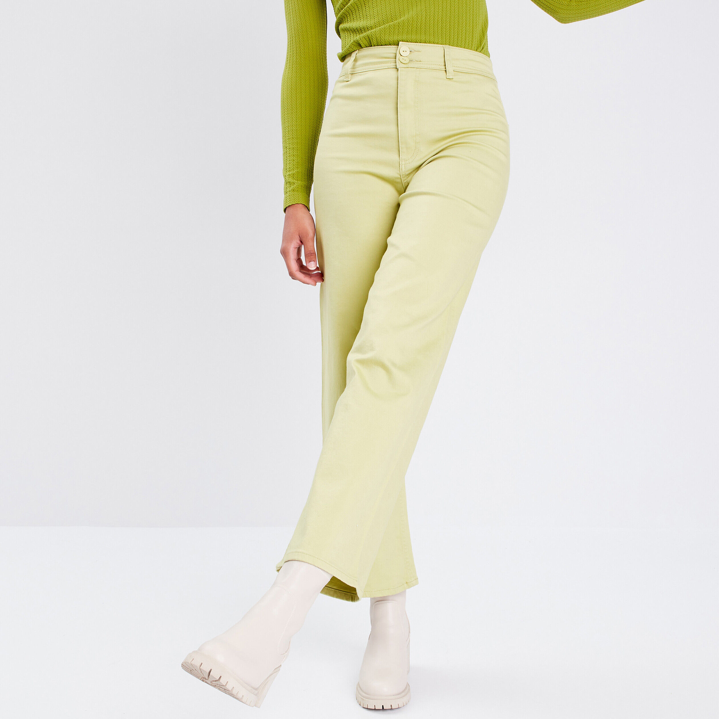 Jeans wide leg taille haute vert olive femme | Cache Cache