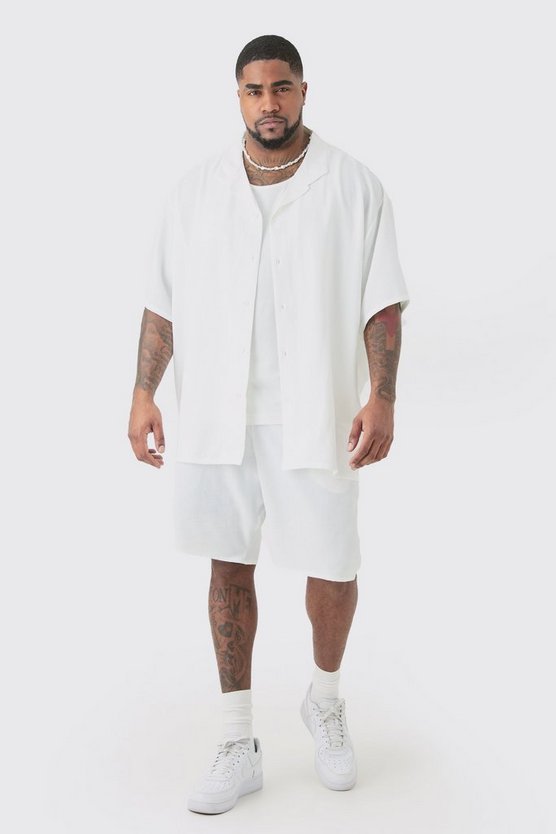 Plus kurzärmliges Oversize Leinen-Hemd & Shorts in Weiß