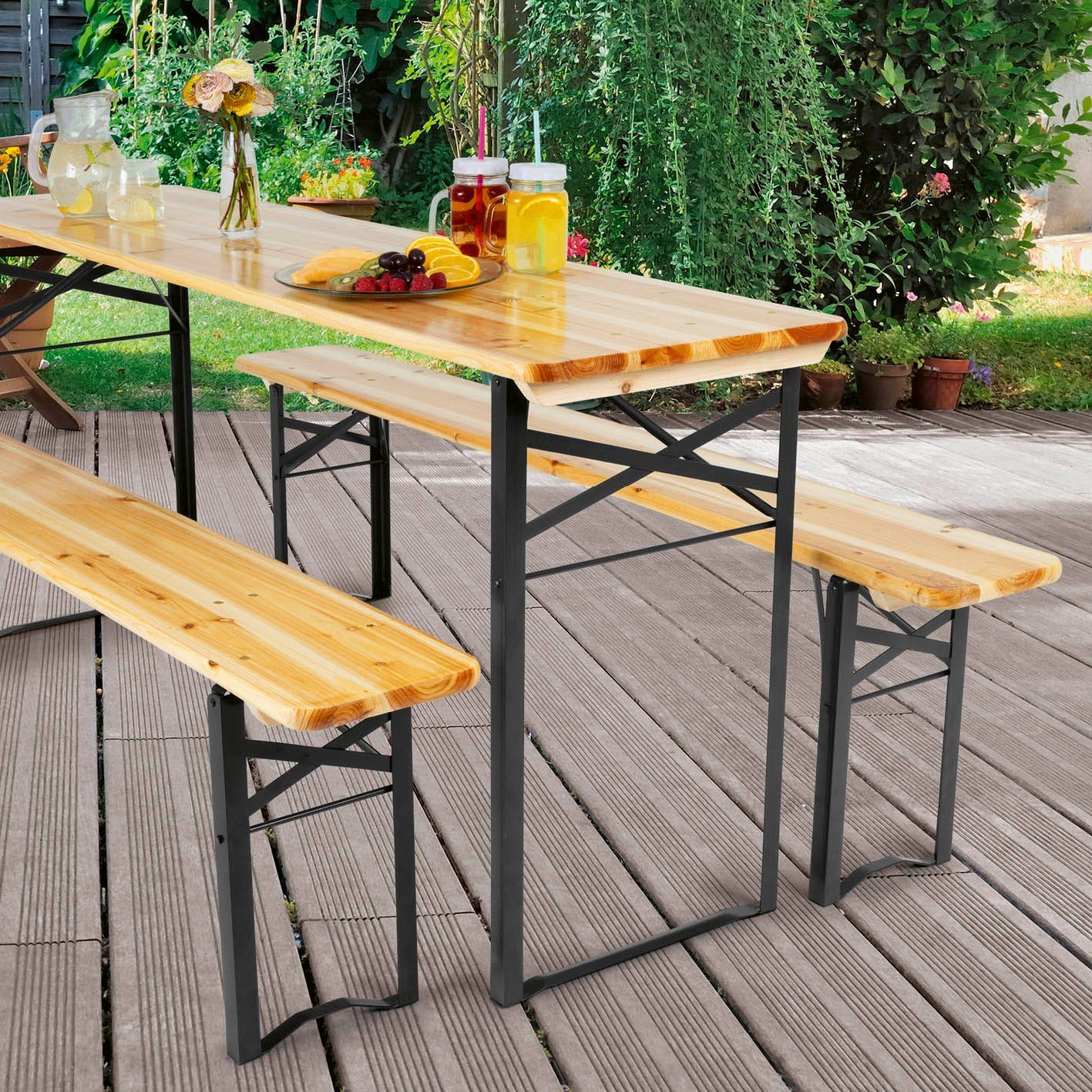 EASYmaxx Bierzeltgarnitur Set (1 Tisch & 2 Bänken) 170cm holzfarben/schwarz, (3-tlg)