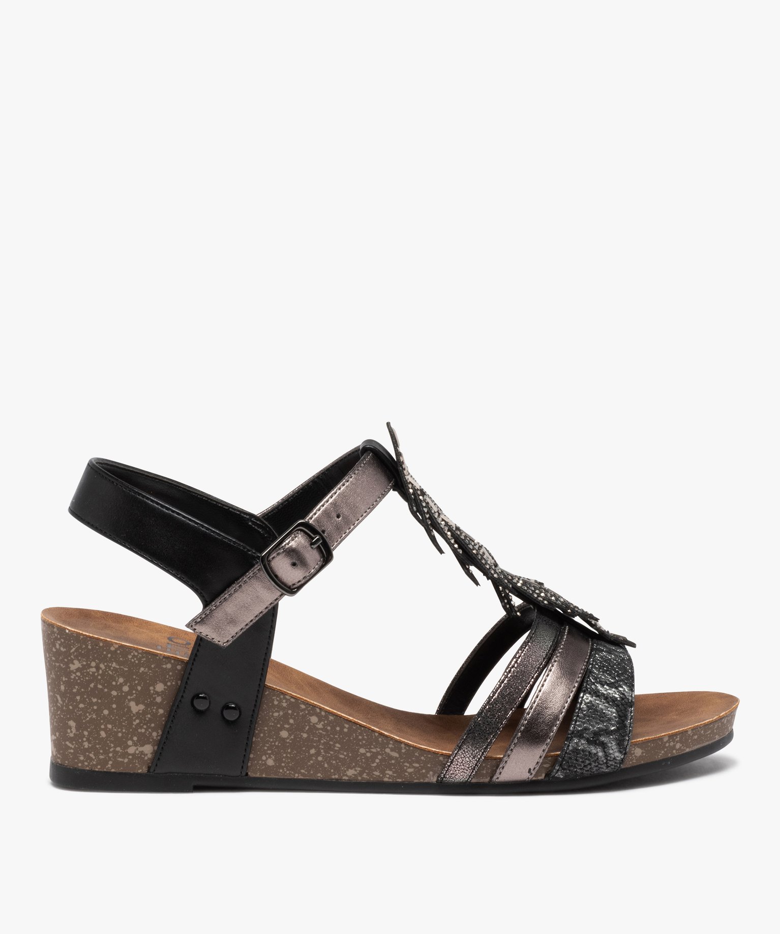 Sandales femme compensées avec plume ornée de strass noir | GEMO