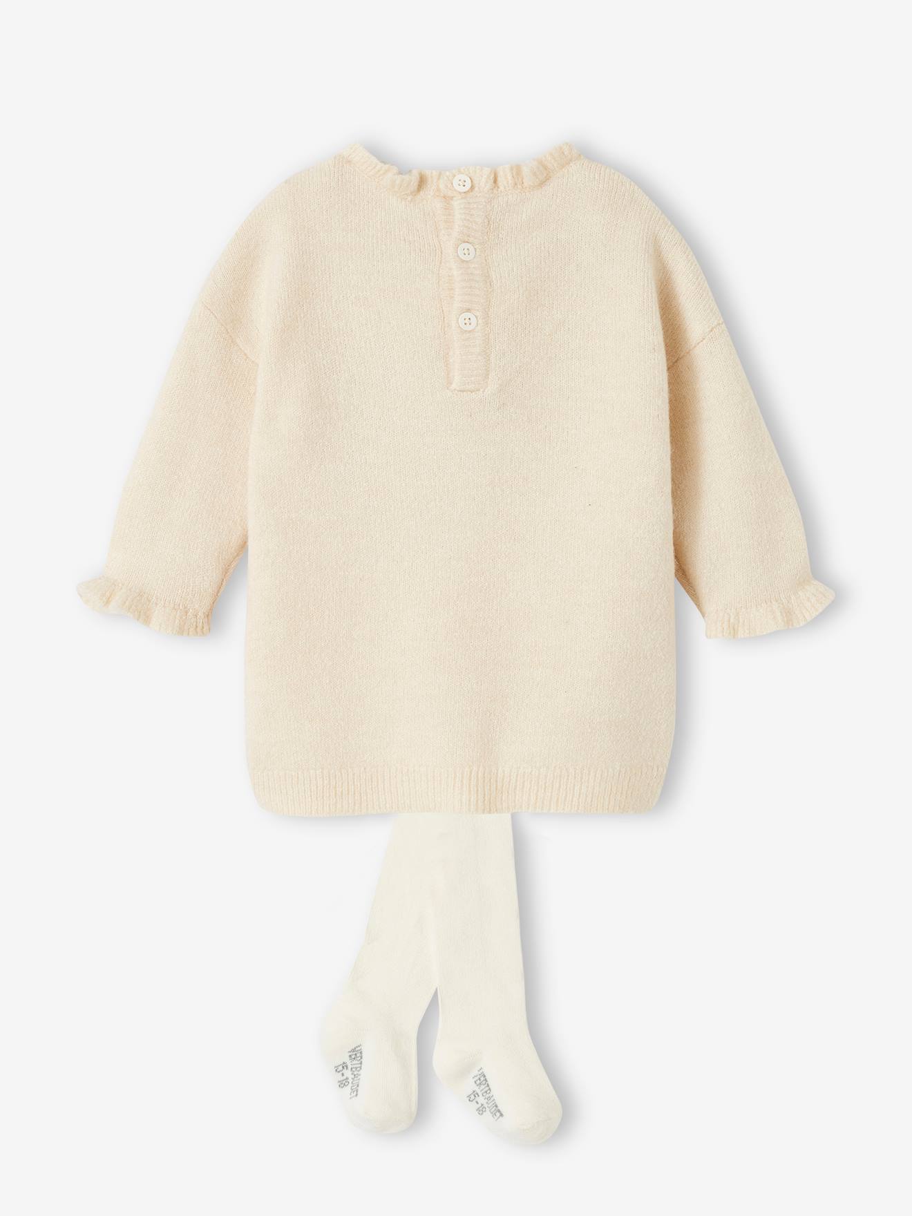 Vertbaudet Mädchen Baby Weihnachts-Set: Strickkleid & Strumpfhose - wollweiß