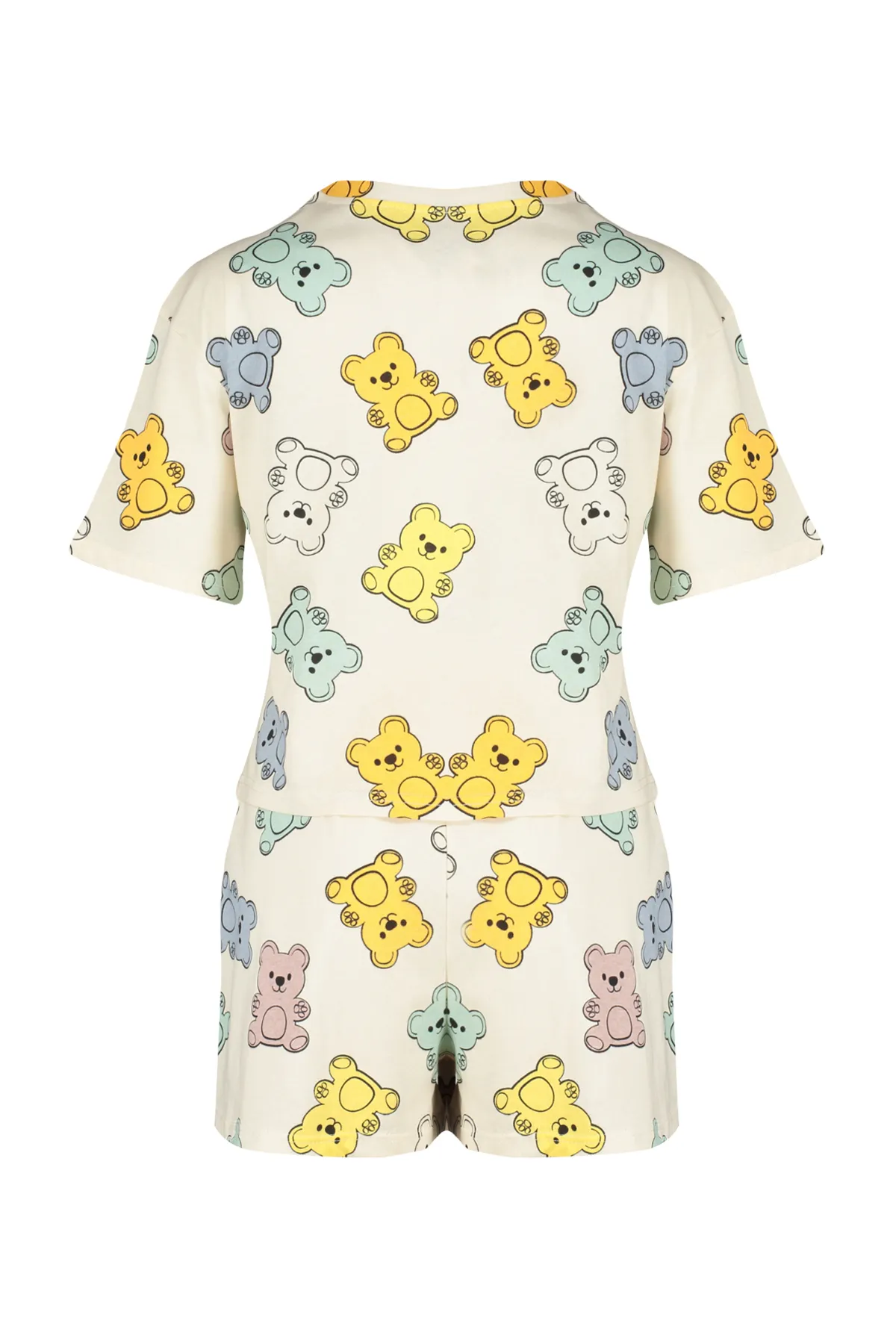 Trendyol Collection  Ecrufarbenes Strick-Pyjama-Set aus 100 % Baumwolle mit Teddybär-Muster THMSS24PT00072