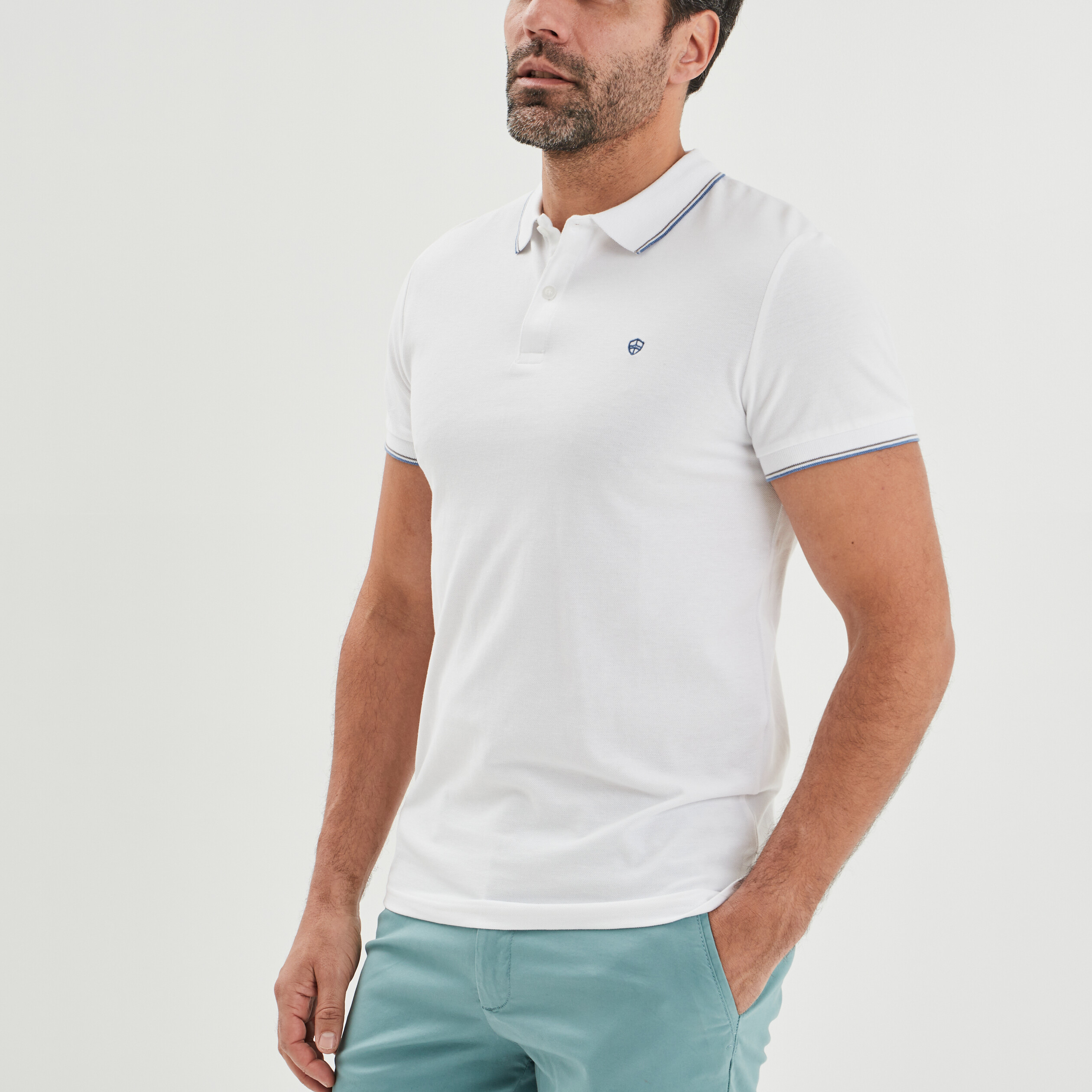 Polo manches courtes bords contrastés blanc homme | La Halle