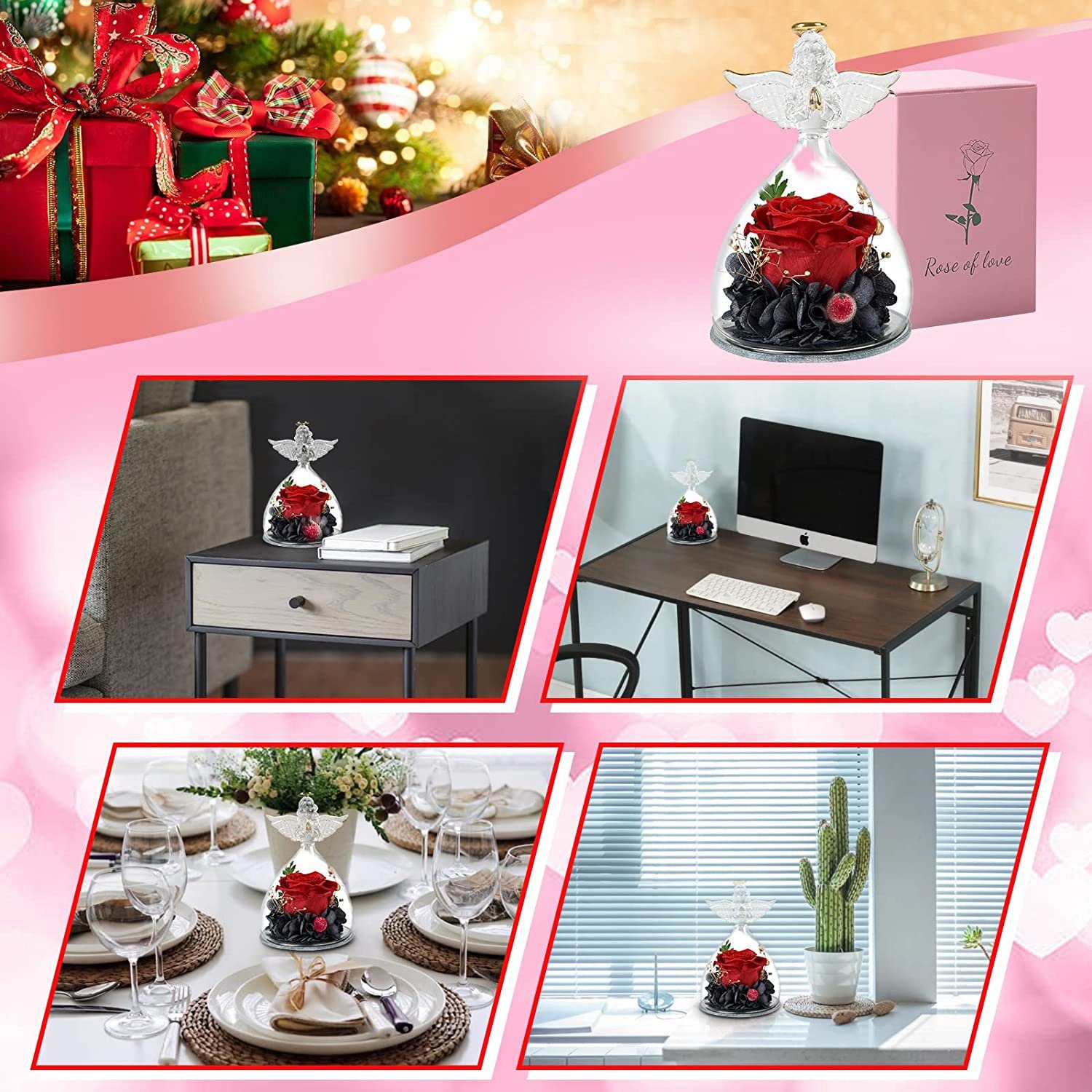 Kunstblume Ewige Rose mit Engel Figur,Geschenke für Mama,Oma Geschenk Weihnachten, Bedee, Höhe 13 cm, Geschenk für Frauen,Ewige Blume in Engel Glaskuppel für Frauen