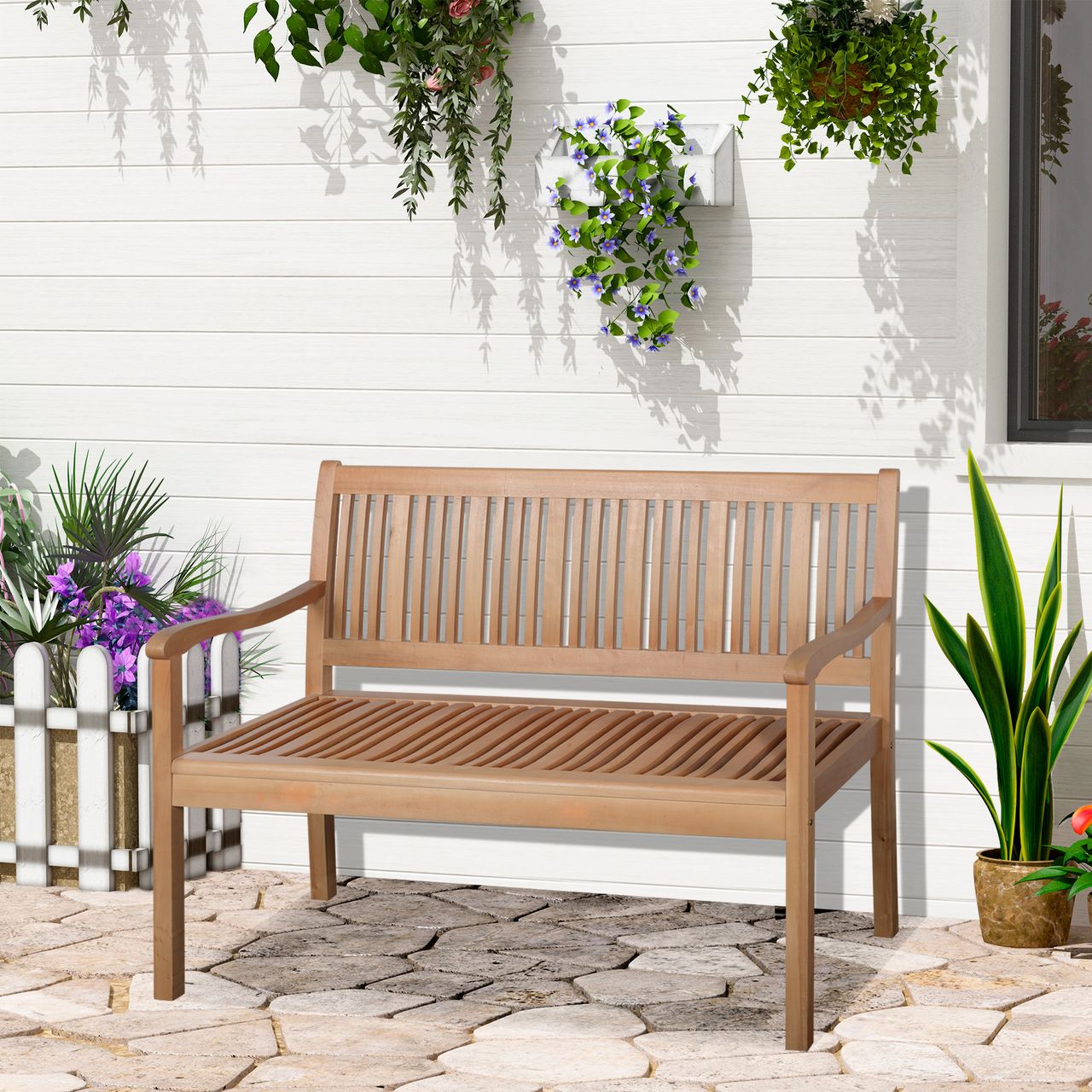 Outsunny Gartenbank 2-Sitzer Sitzbank aus Holz Parkbank bis 180 kg Bank Terrassenbank mit Rückenlehnen Gartenmöbel Pappelholz Gelb 126,8 x 62 x 91,3 cm