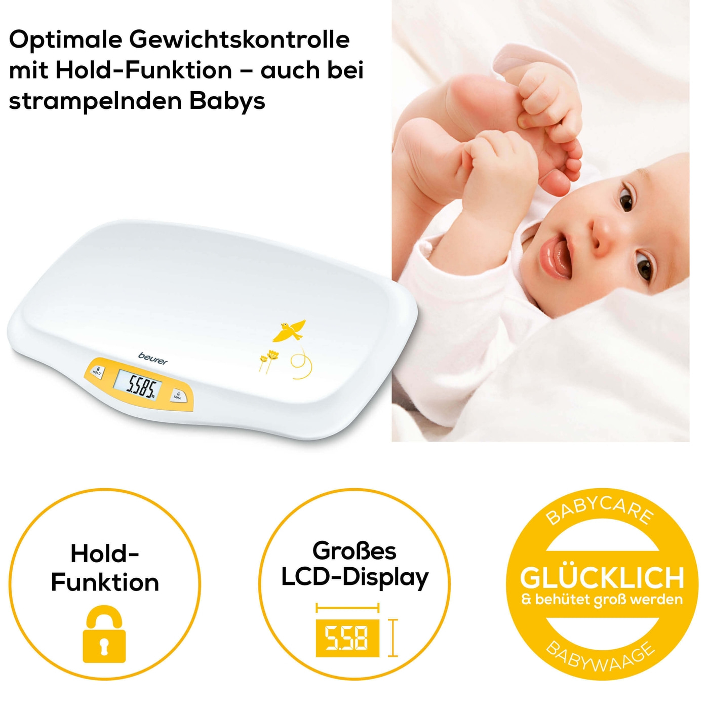 Beurer Babywaage - BY 80-Babywaage mit Hold-Funktion für genaues Wiegen trotz Bewegungen