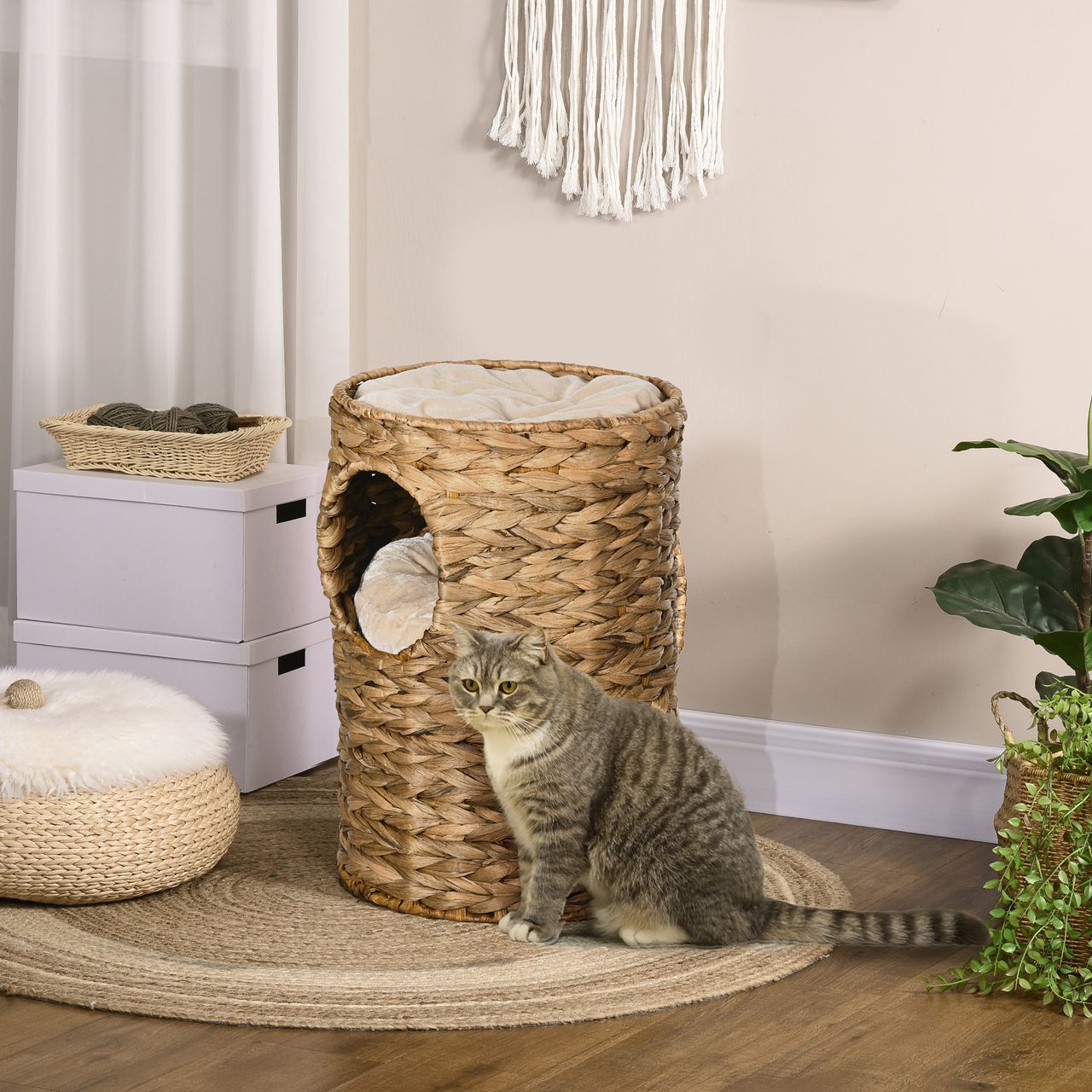 PawHut Kratztonne, Höhe 47 cm, Kratzturm mit 2 Ebenen, Katzenturm mit Kissen