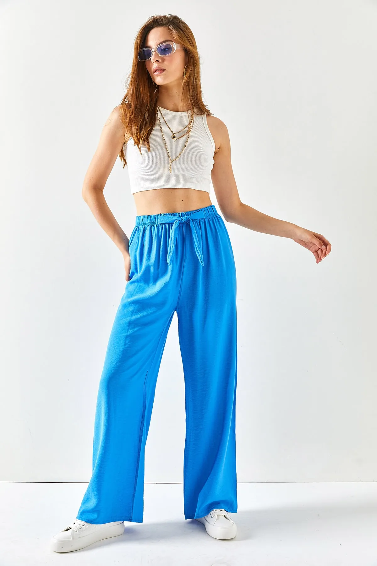 Olalook  Blaue Palazzo-Ayrobin-Hose mit Gürtel und elastischem Bund für Damen PNT-19000200