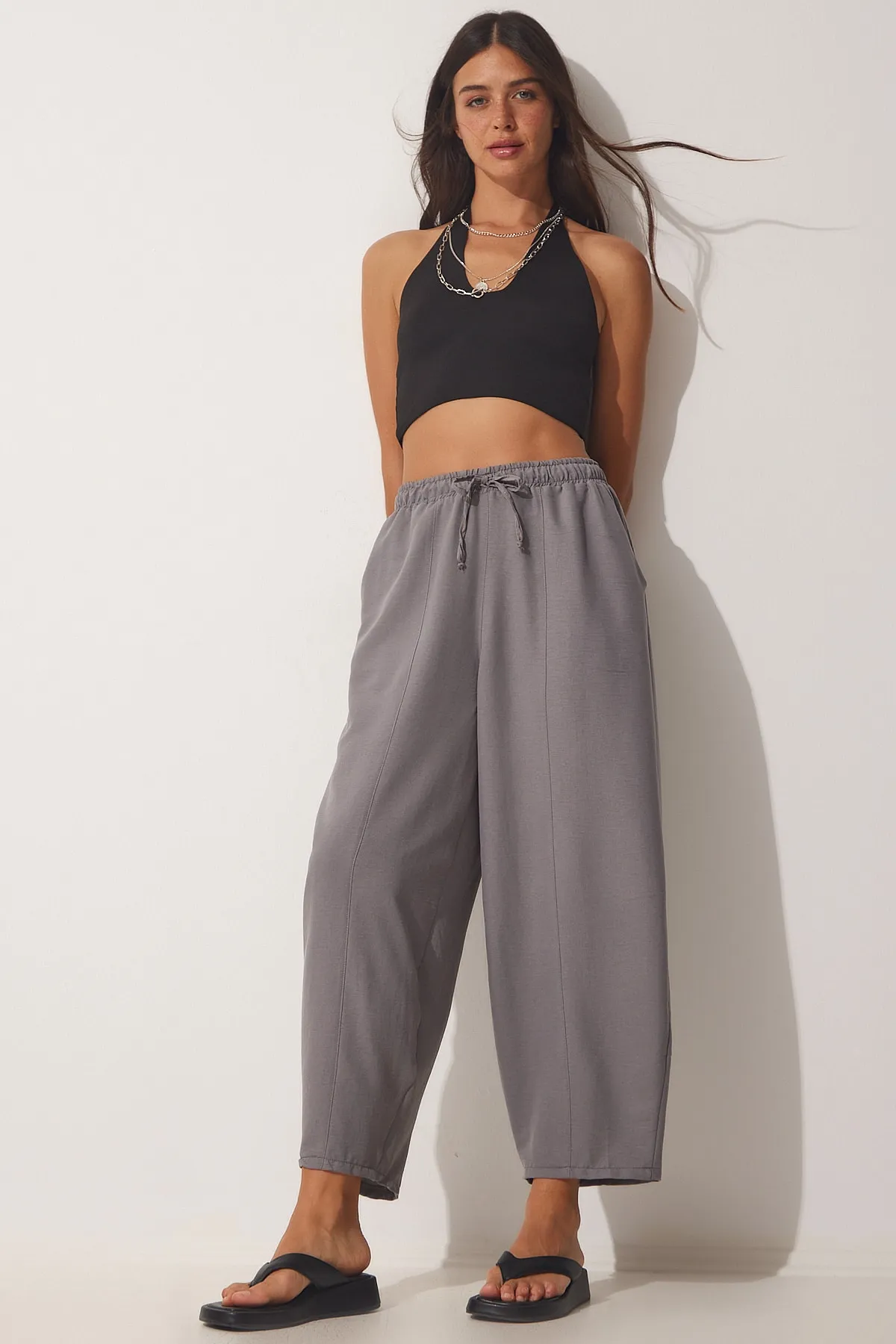 Happiness İstanbul  Graue Shalwar-Hose aus Leinenviskose mit Taschen für Damen CV00001