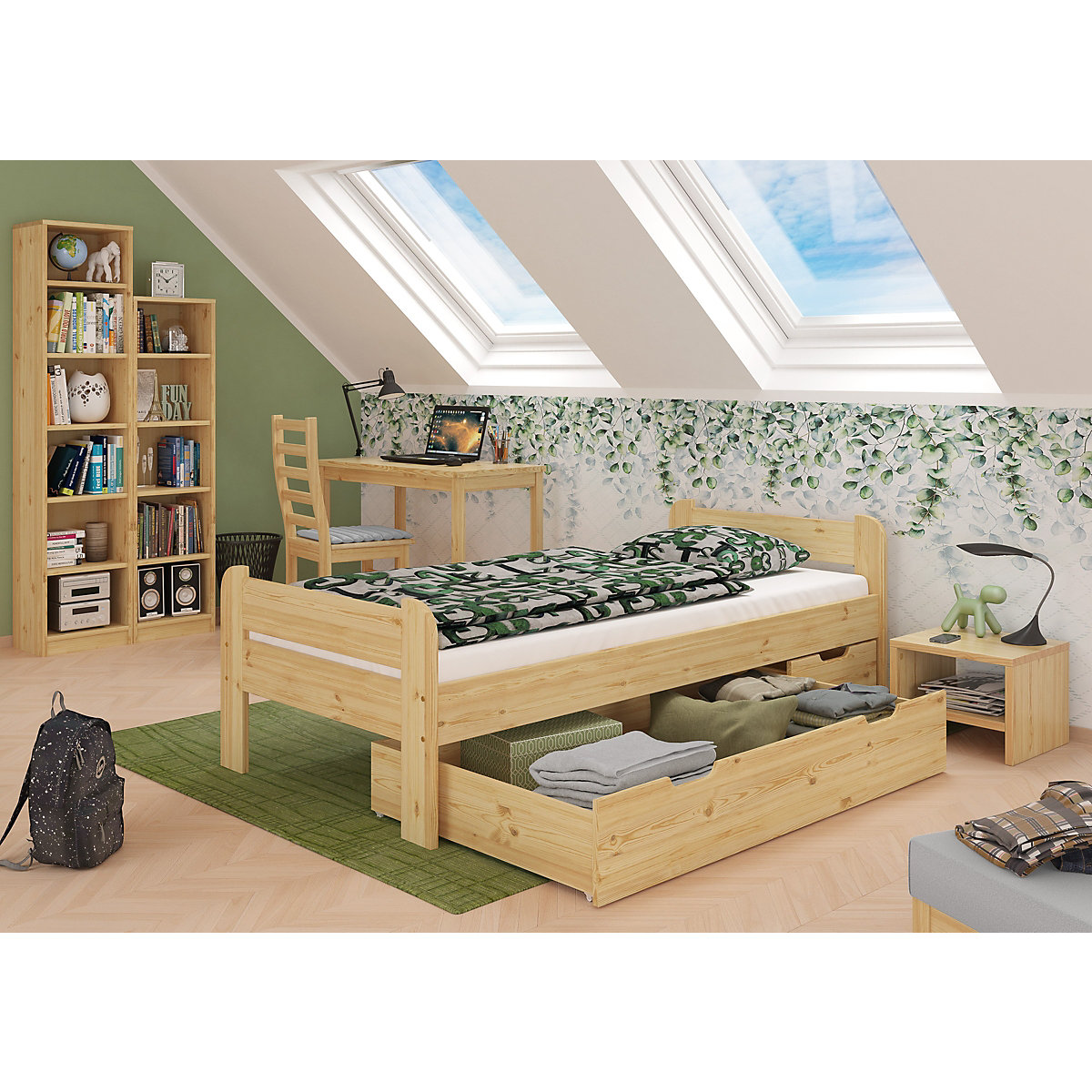 Bettgestell Kiefer Massivholz 90x200 mit Kopf- und Fußteil