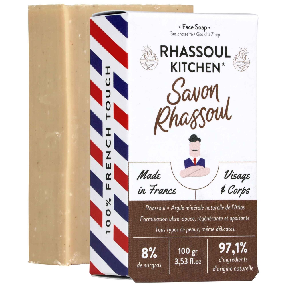 Monsieur Barbier Rhassoul Kitchen Savon équilibrant naturel pour Homme Savon Surgras Visage et Corps à l'Argile Rhassoul